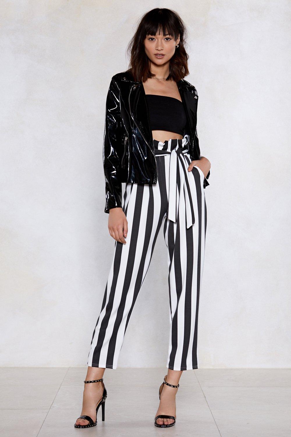 black and white striped paperbag pants