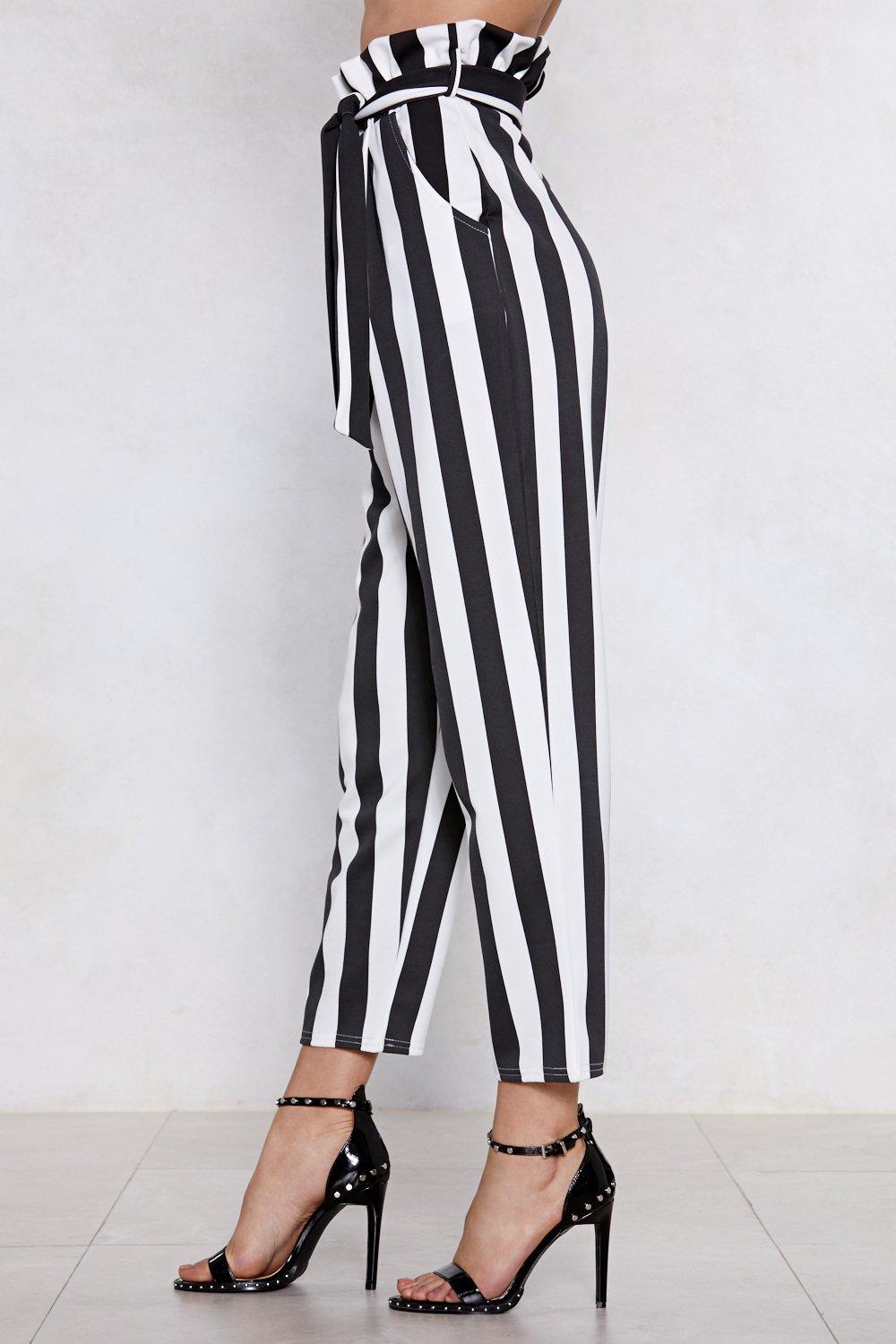 black striped paper bag pants