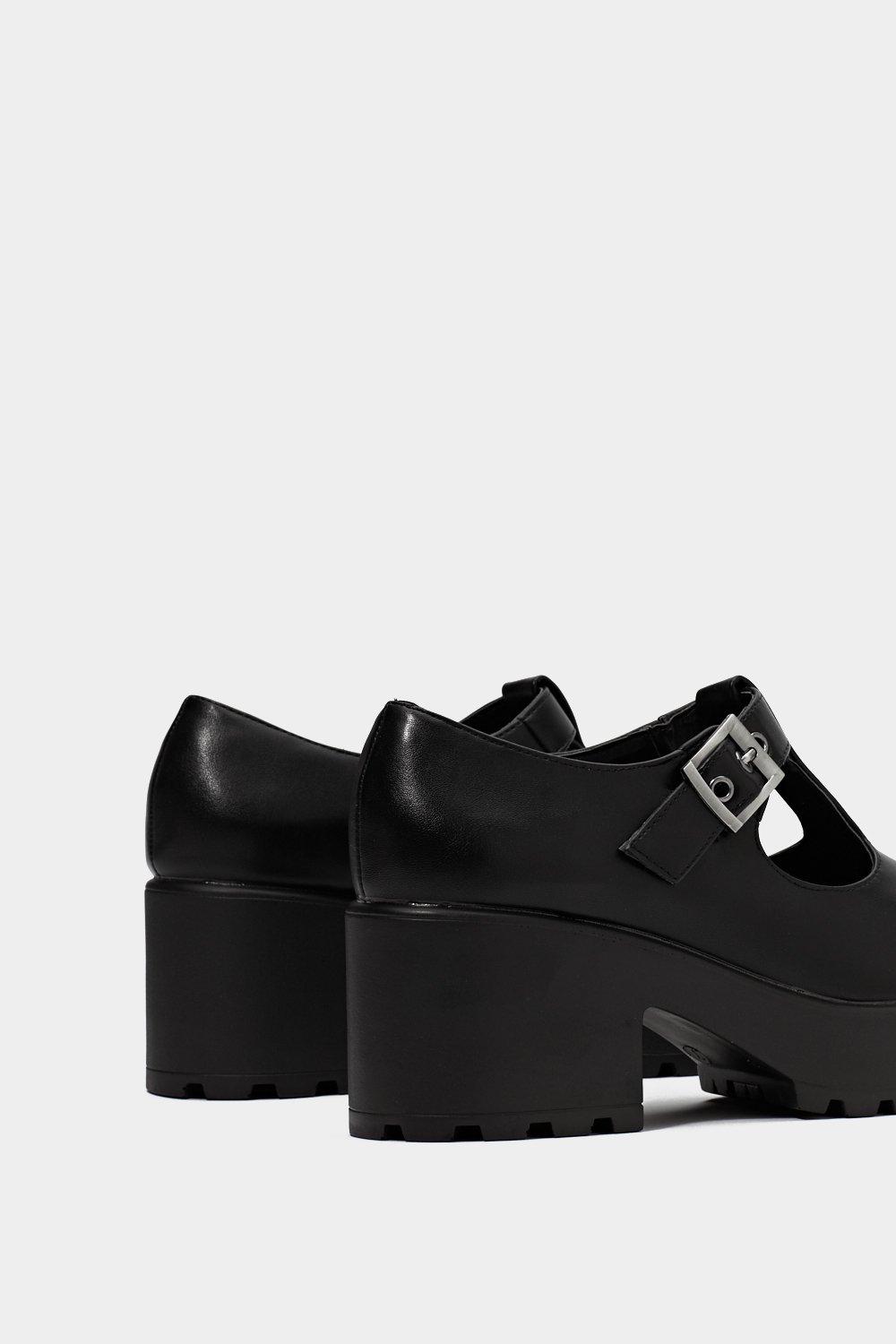 black t bar block heels
