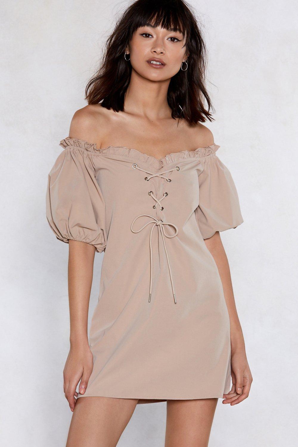 beige off the shoulder dress