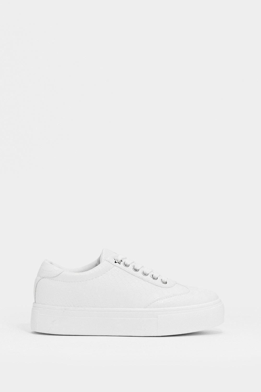 white faux leather flatform trainers