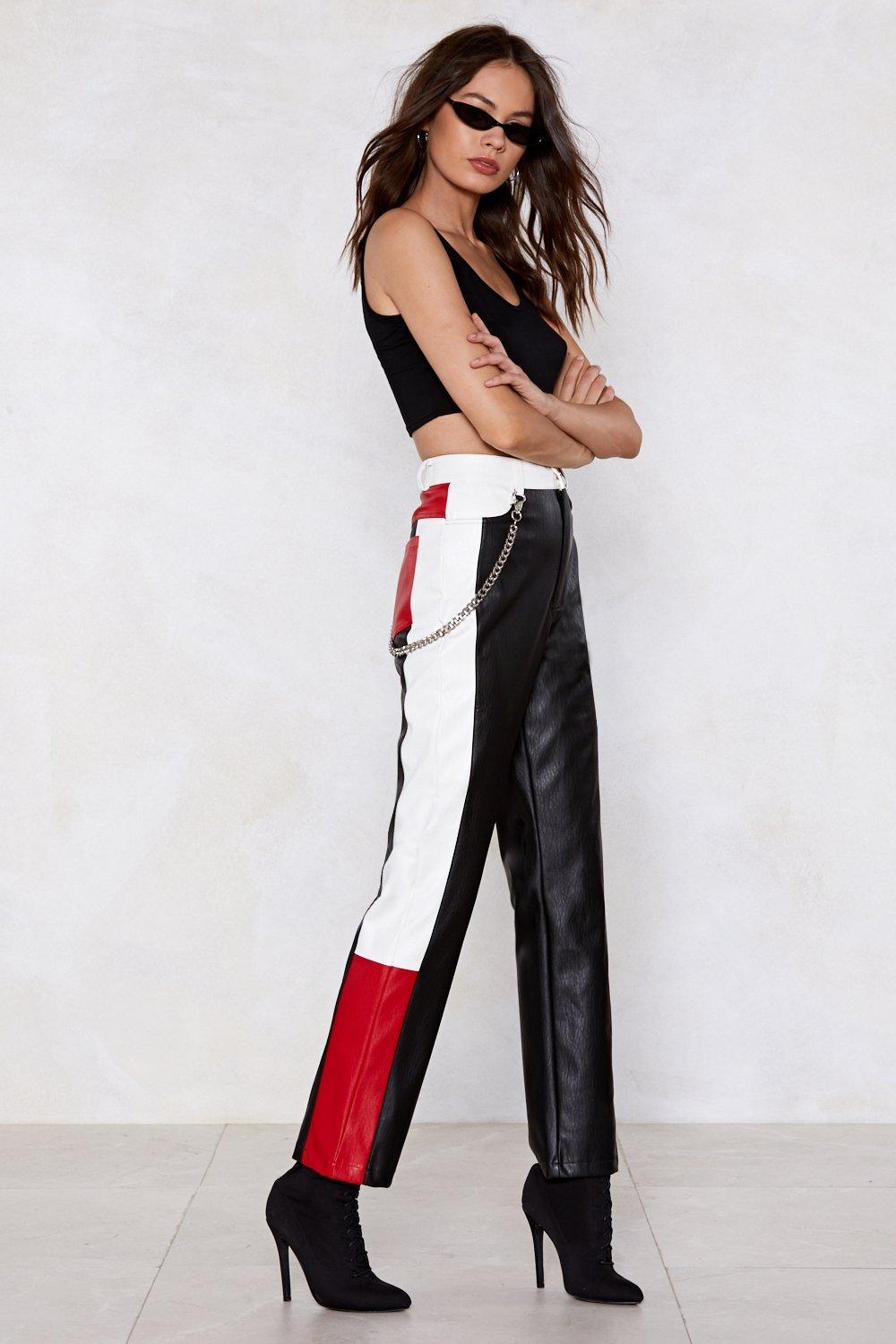 red and black leather pants