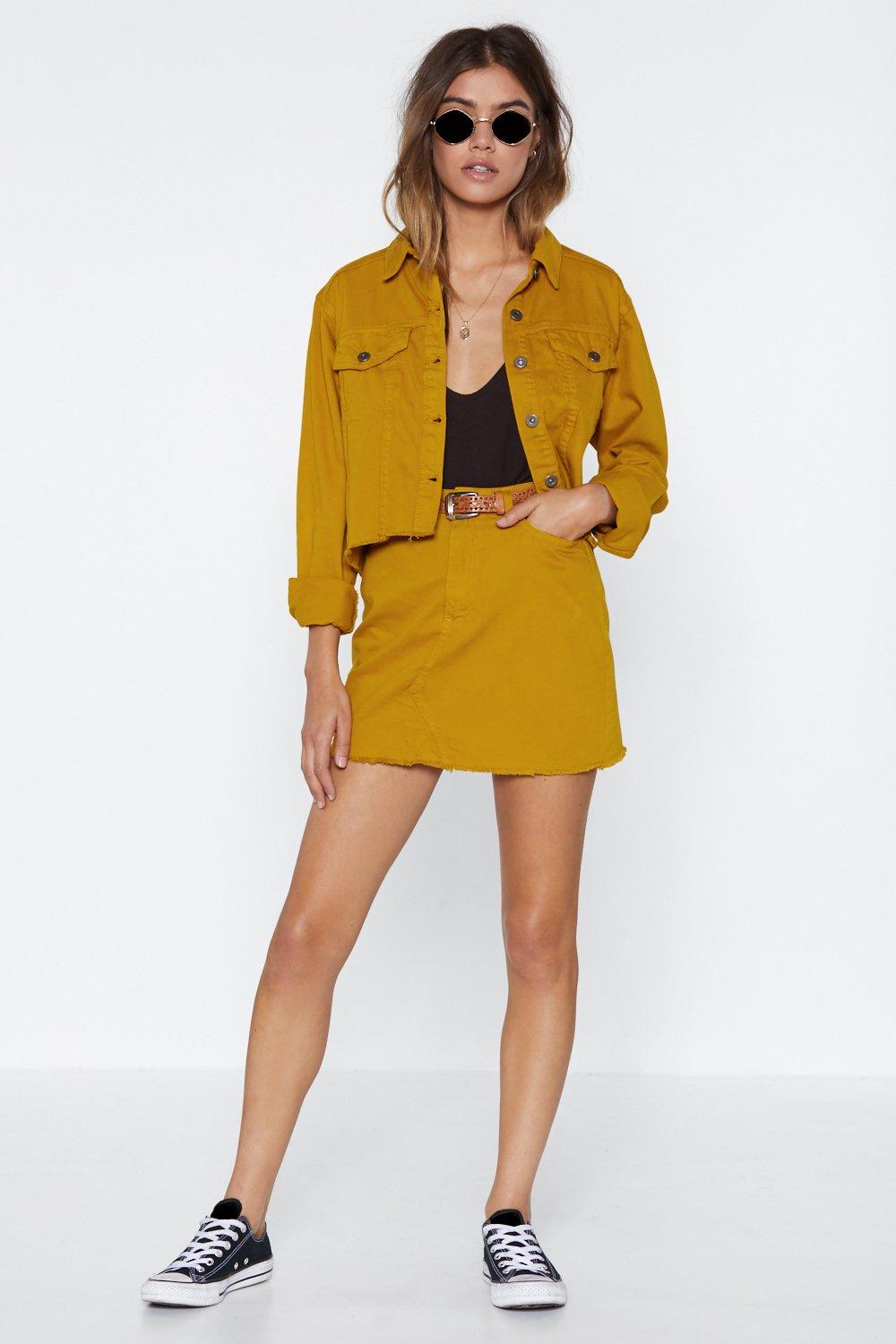 yellow denim skirt and jacket set