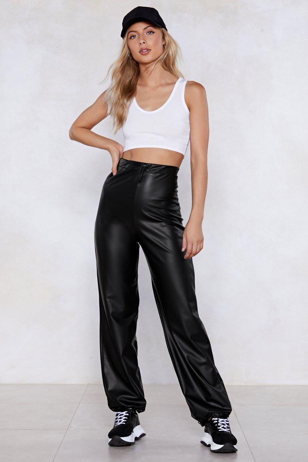 black leather wide leg pants