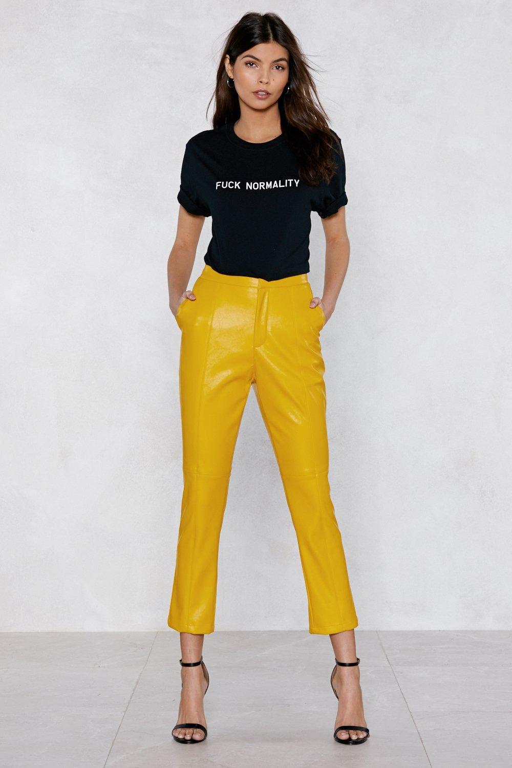 yellow leather trousers