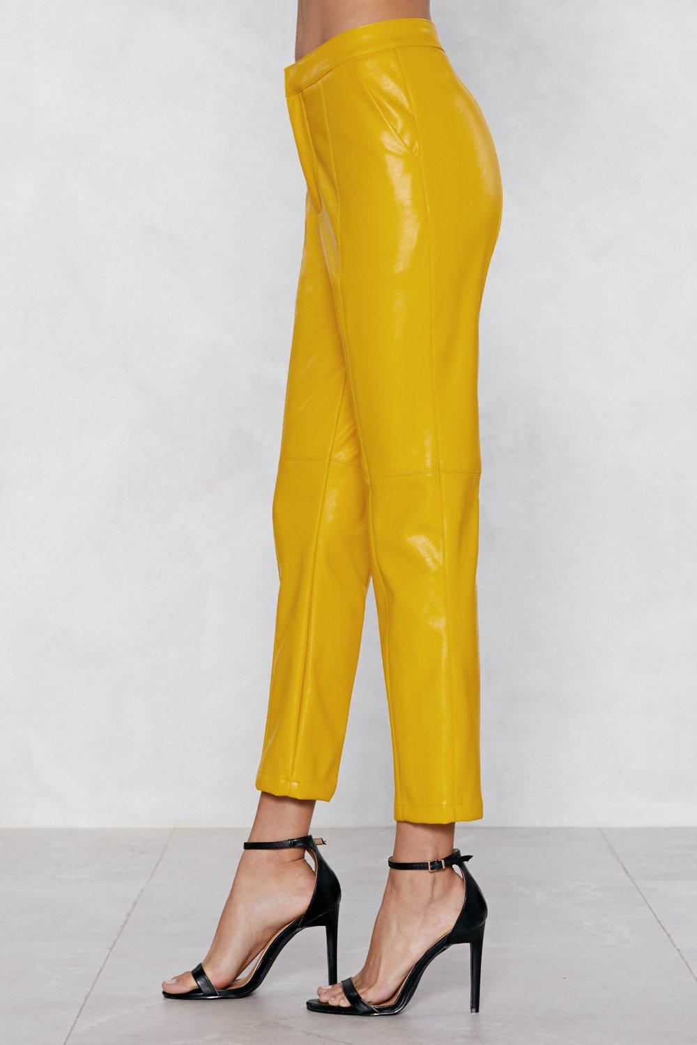 yellow faux leather pants