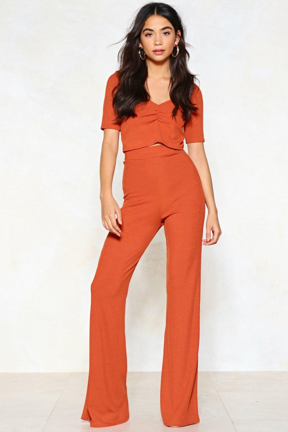 red crop top and pants set