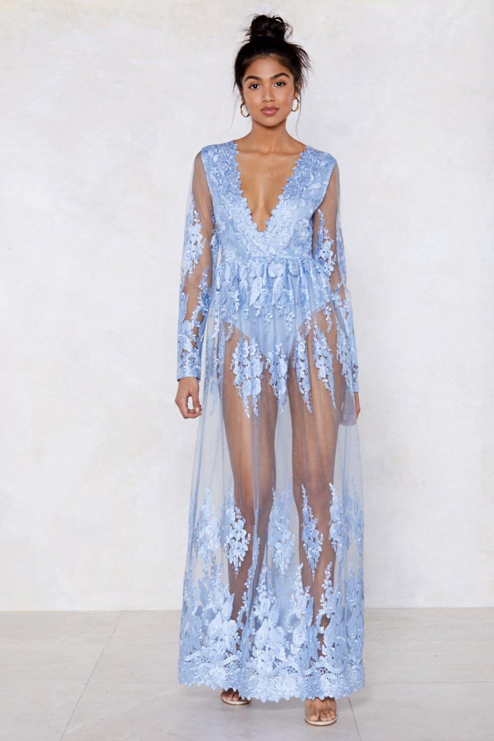 dolly & delicious petite plunge front embellished maxi dress with high thigh split in ice blue