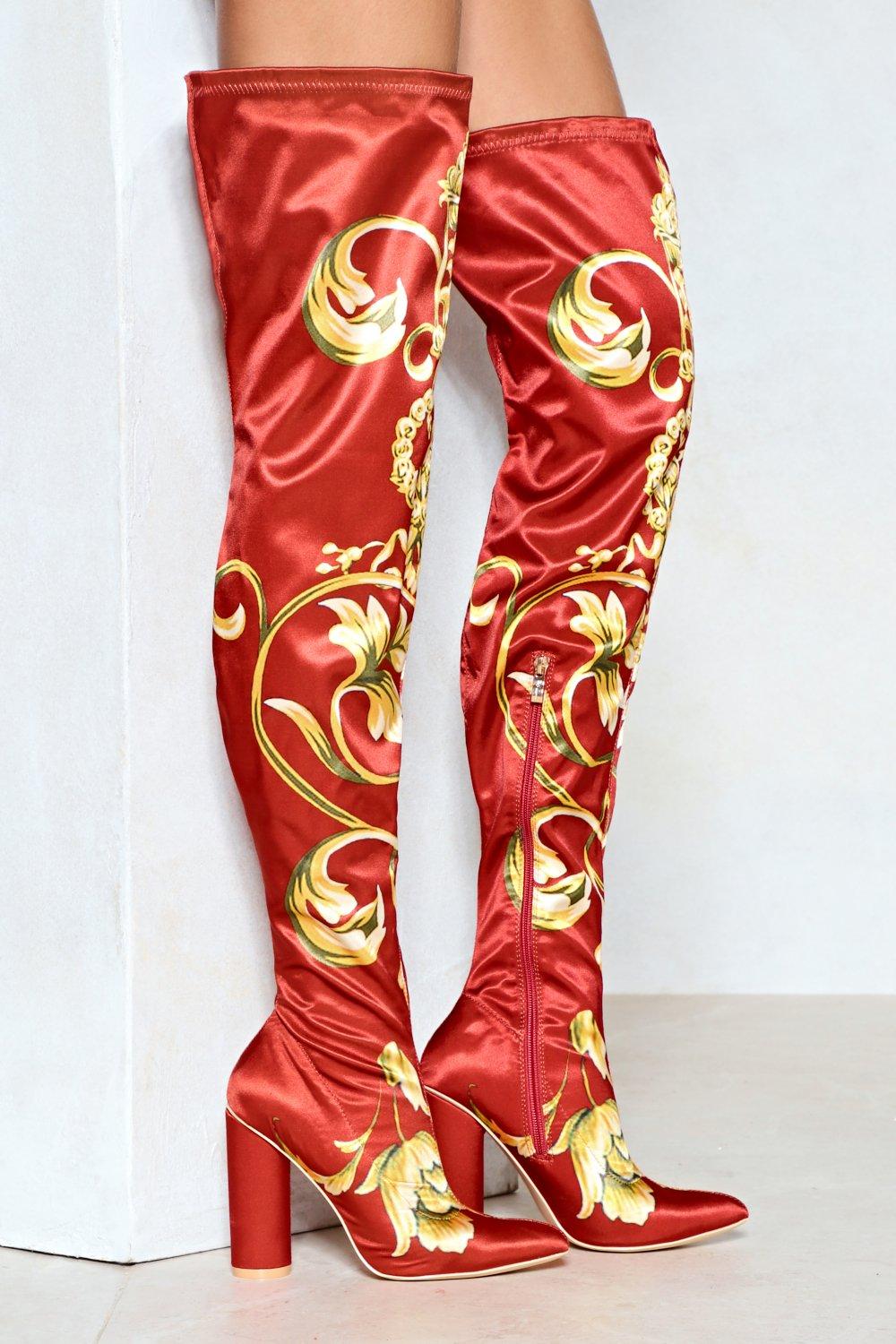 red thigh high boots block heel