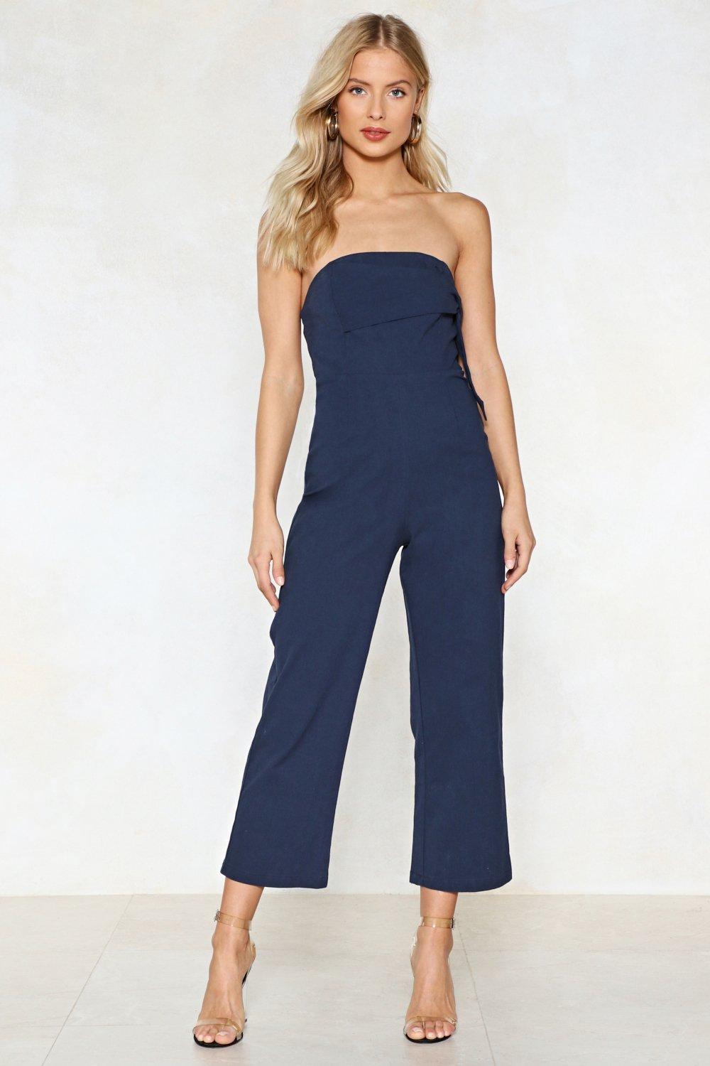 navy strapless jumpsuit