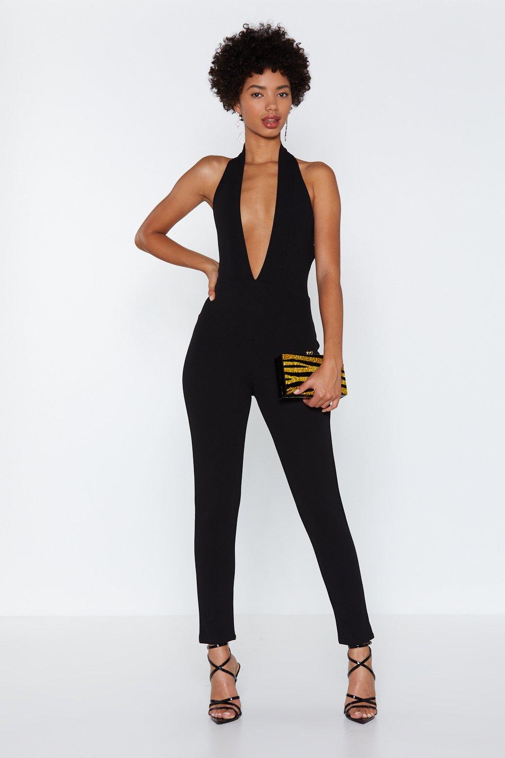 black plunge neck jumpsuit