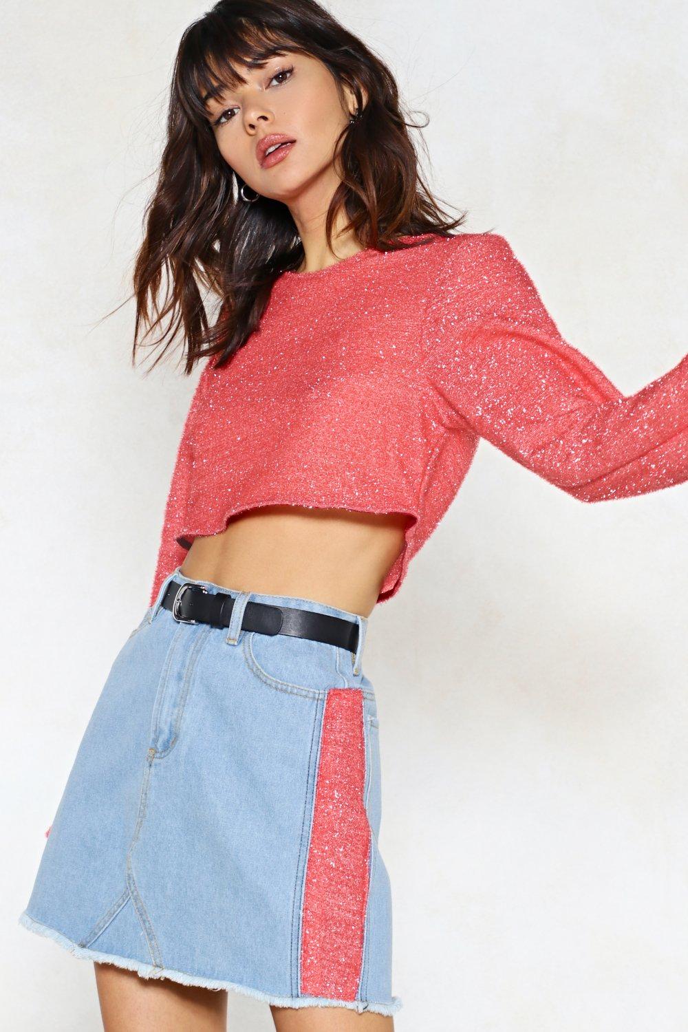 Textured Side Stripe Denim Mini Skirt 