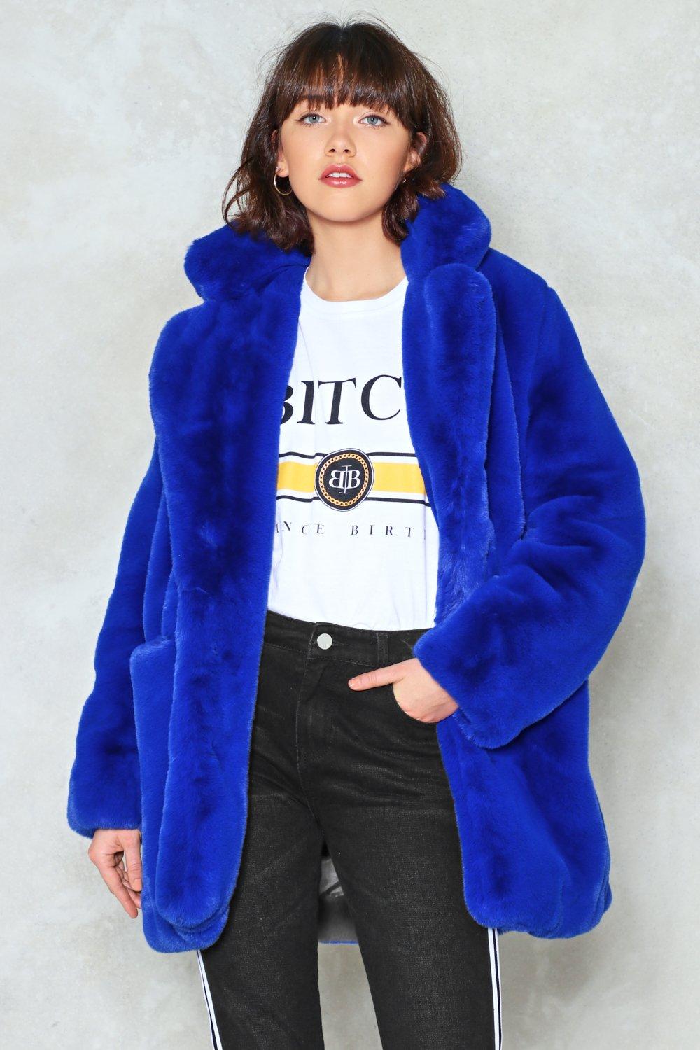 blue faux fur coat with hood