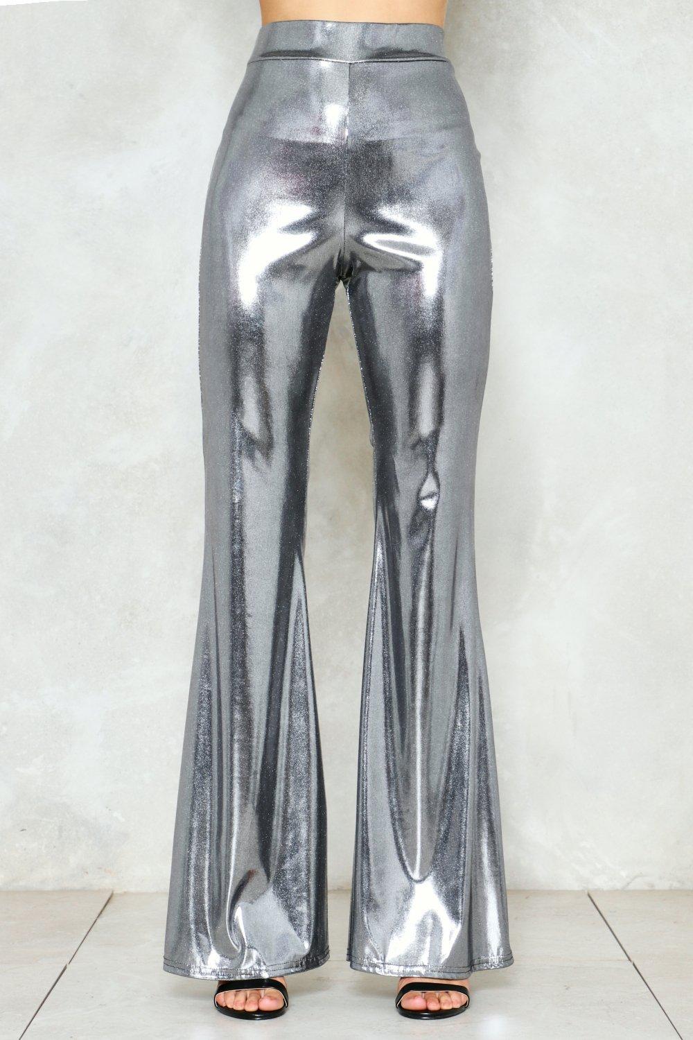 silver metallic flare pants