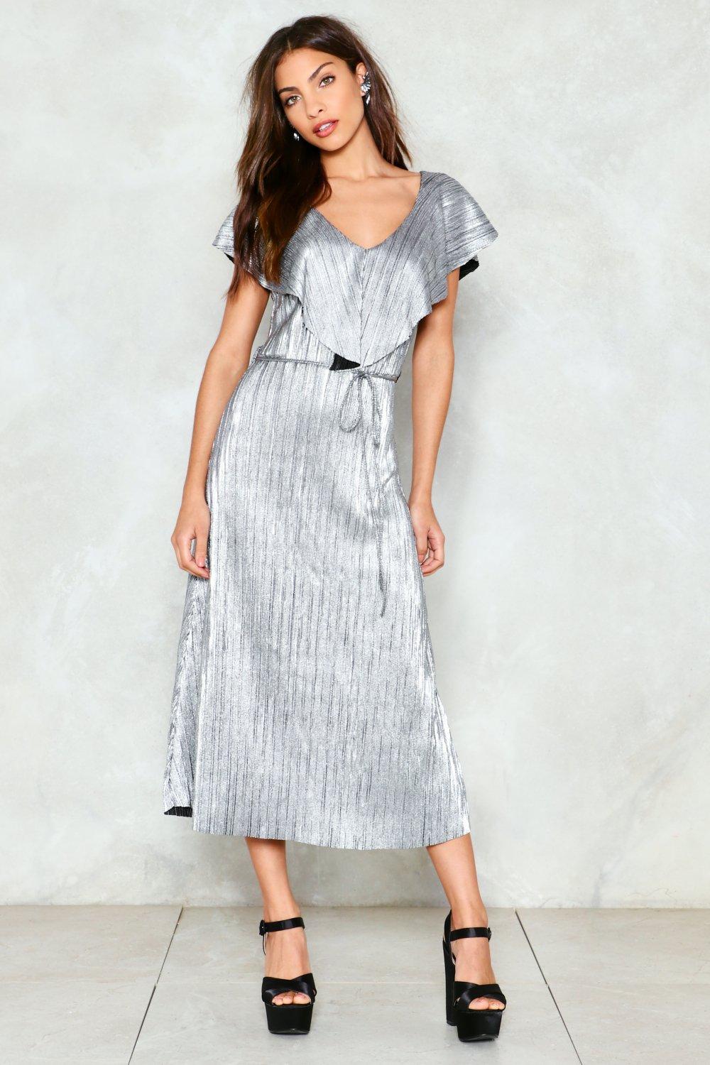 silver metallic midi dress