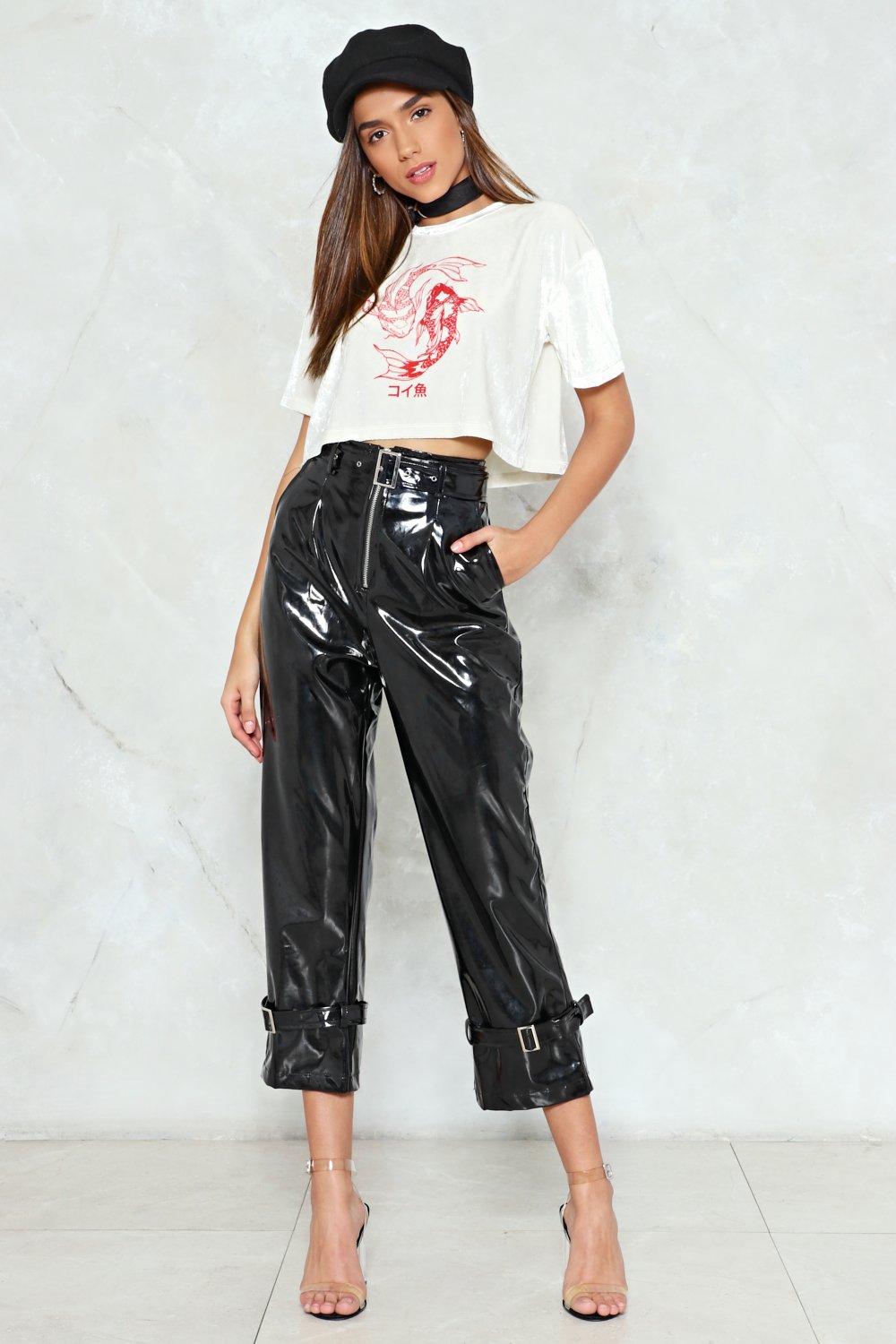 high waisted vinyl trousers