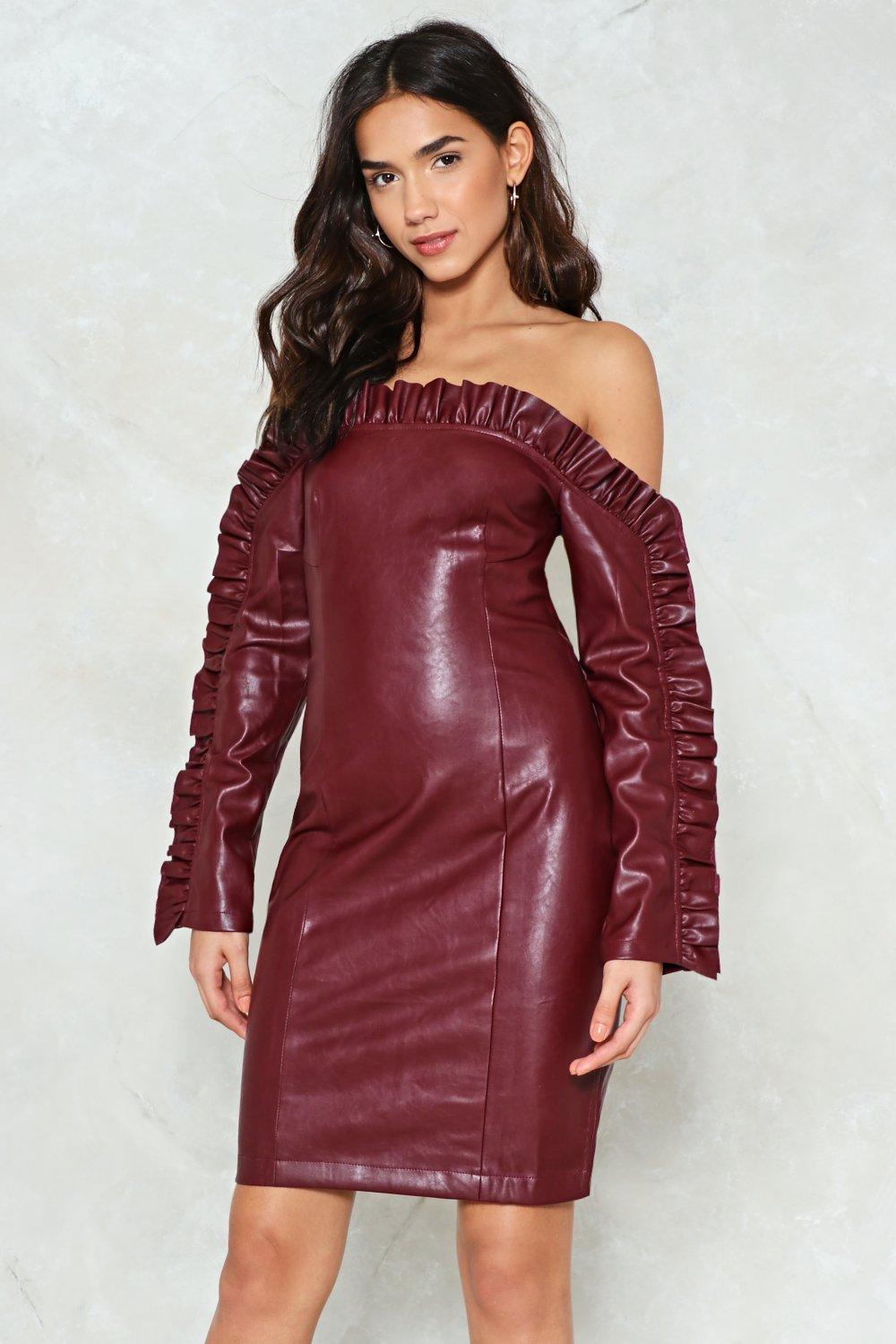 red leather off shoulder dress