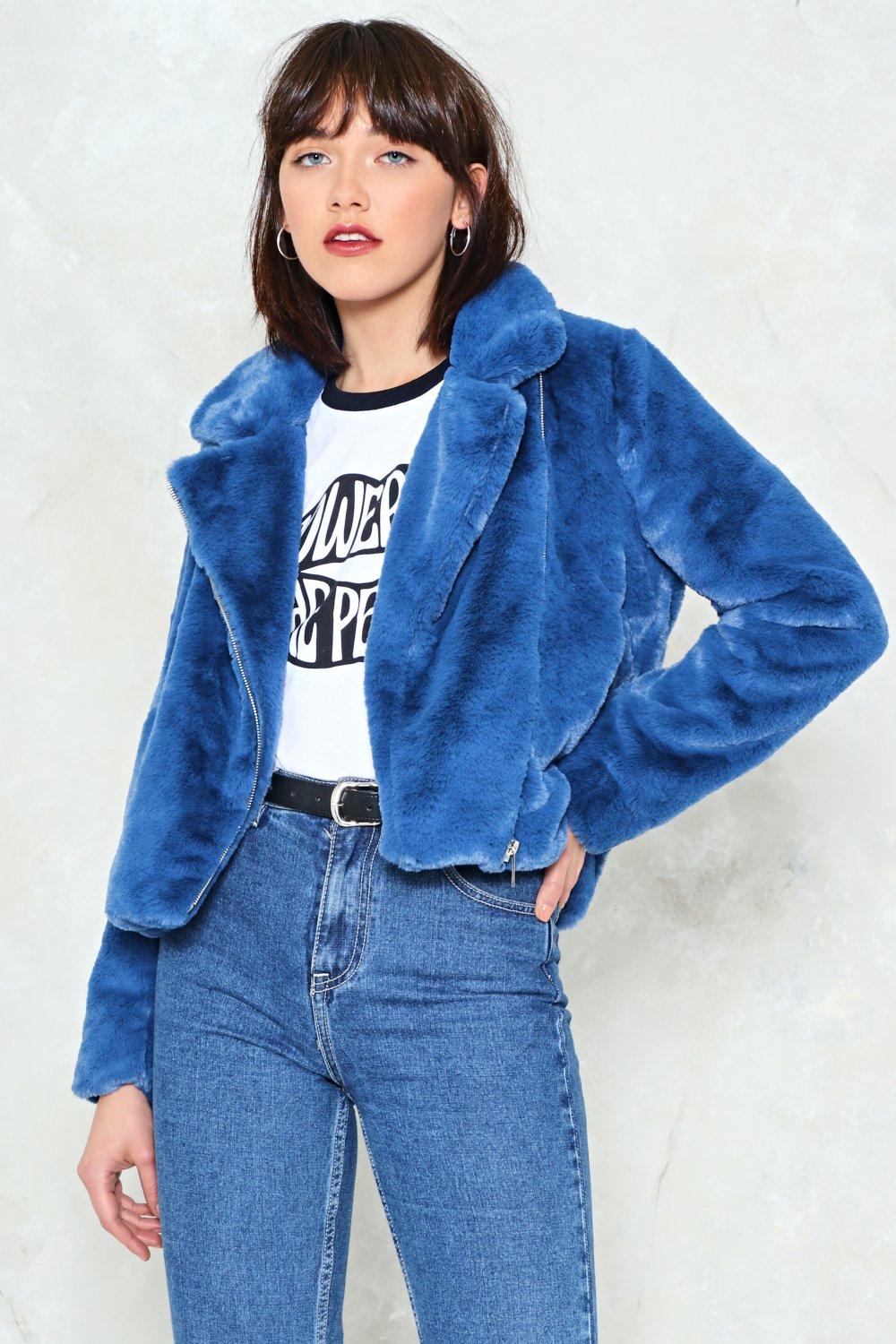 blue faux fur jacket