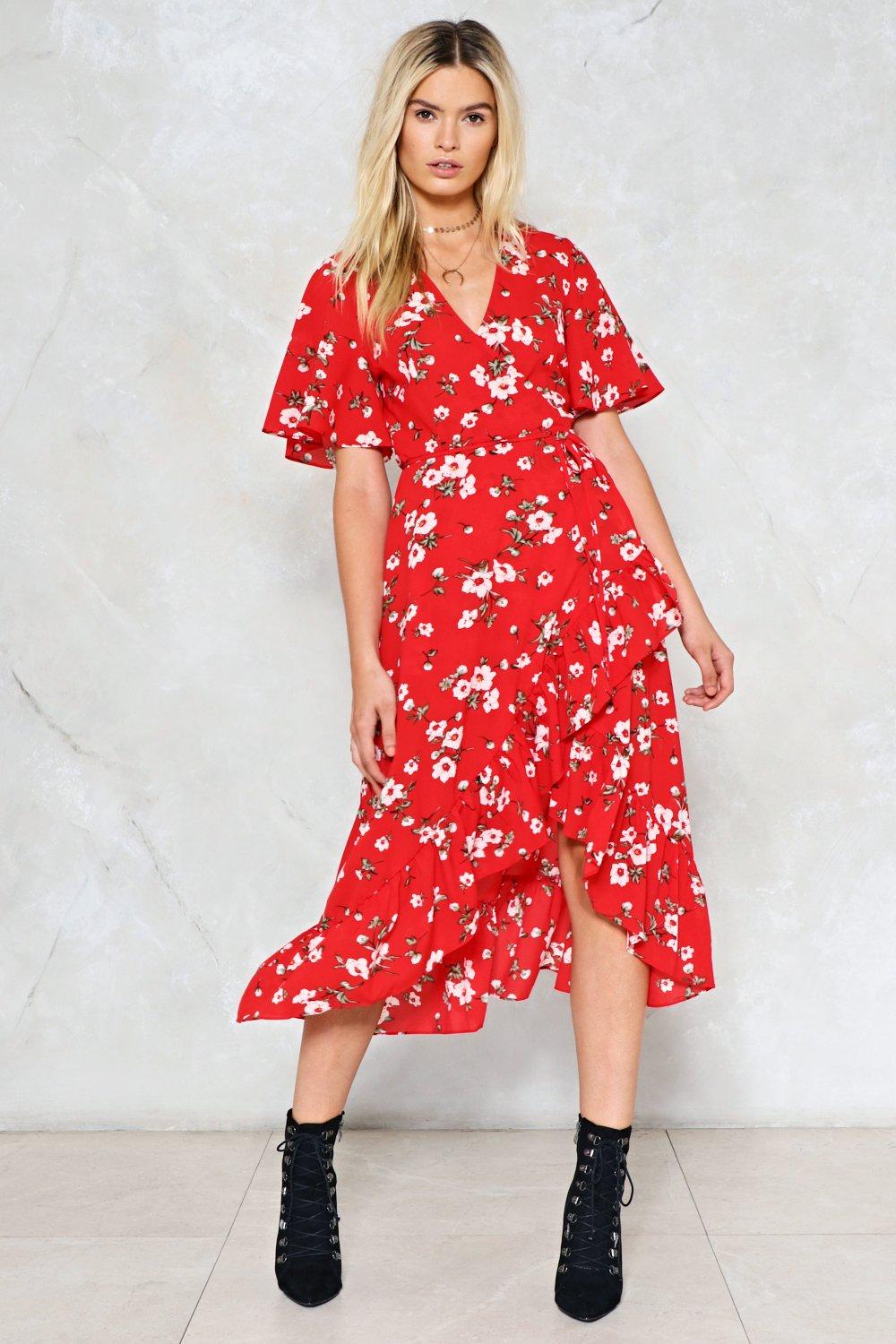 red long floral dress