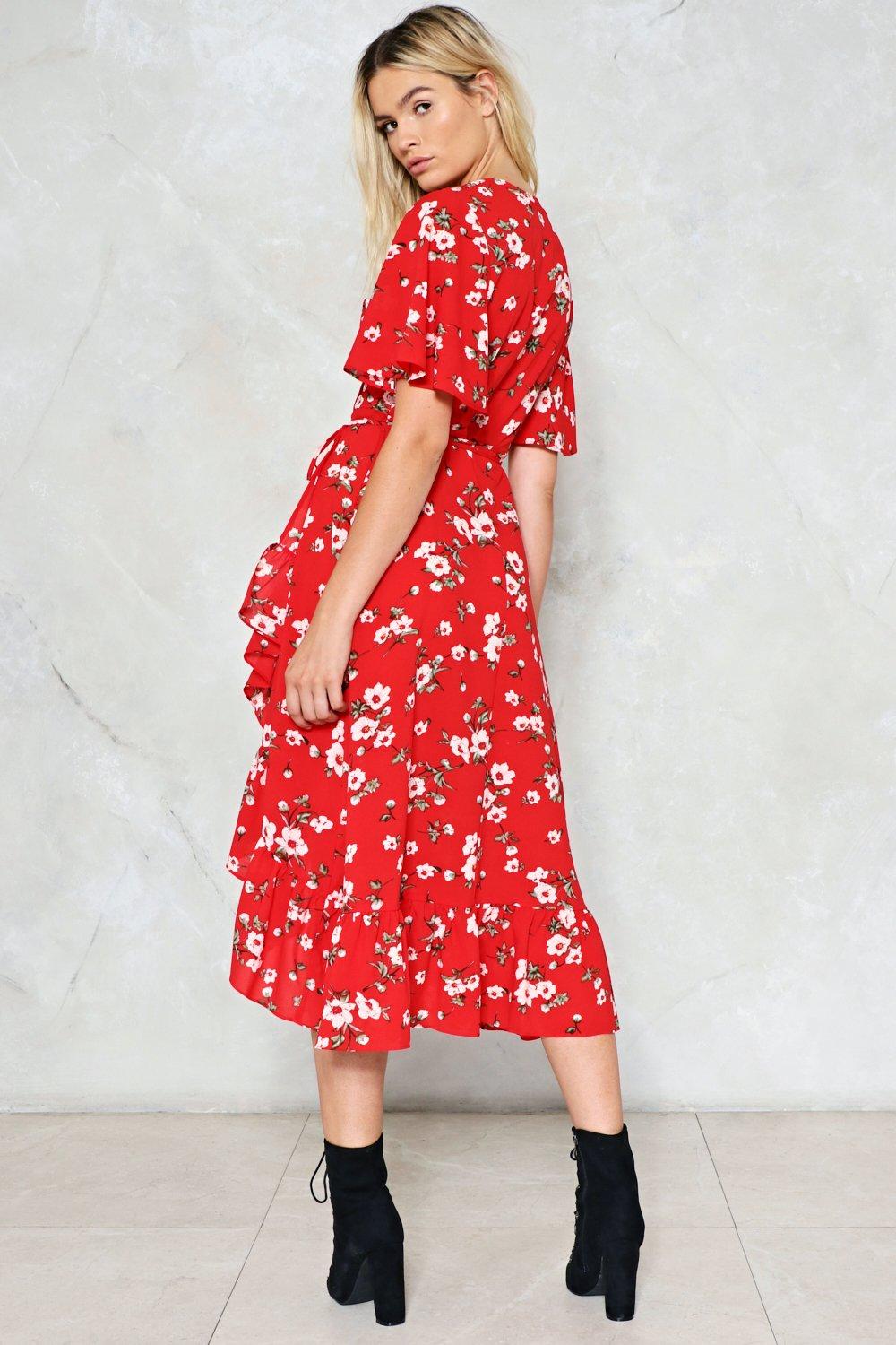 long sleeve red floral dress