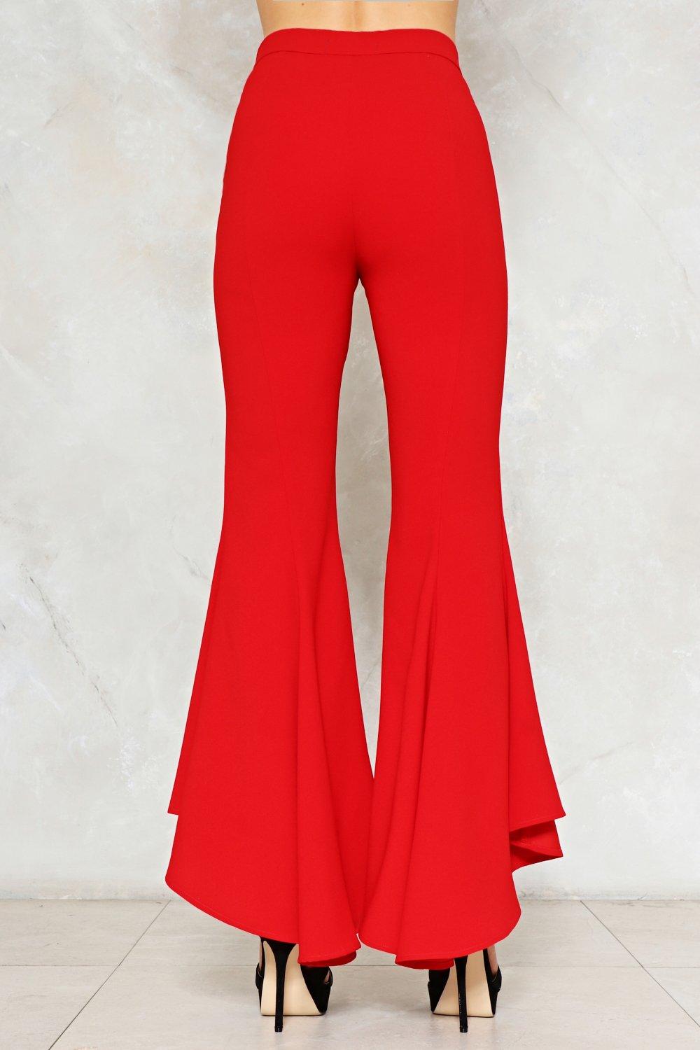 red flare pants with ruffles