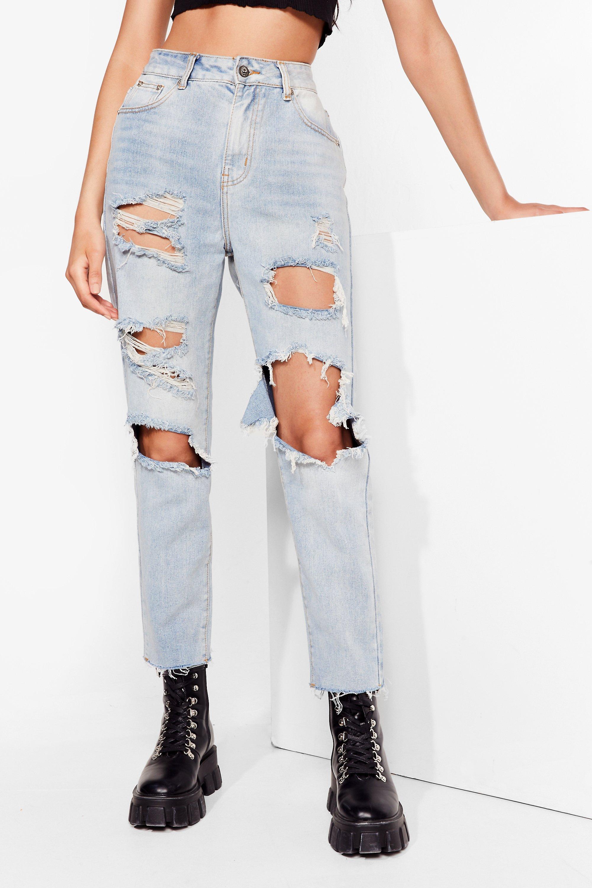 high waisted shredded jeans