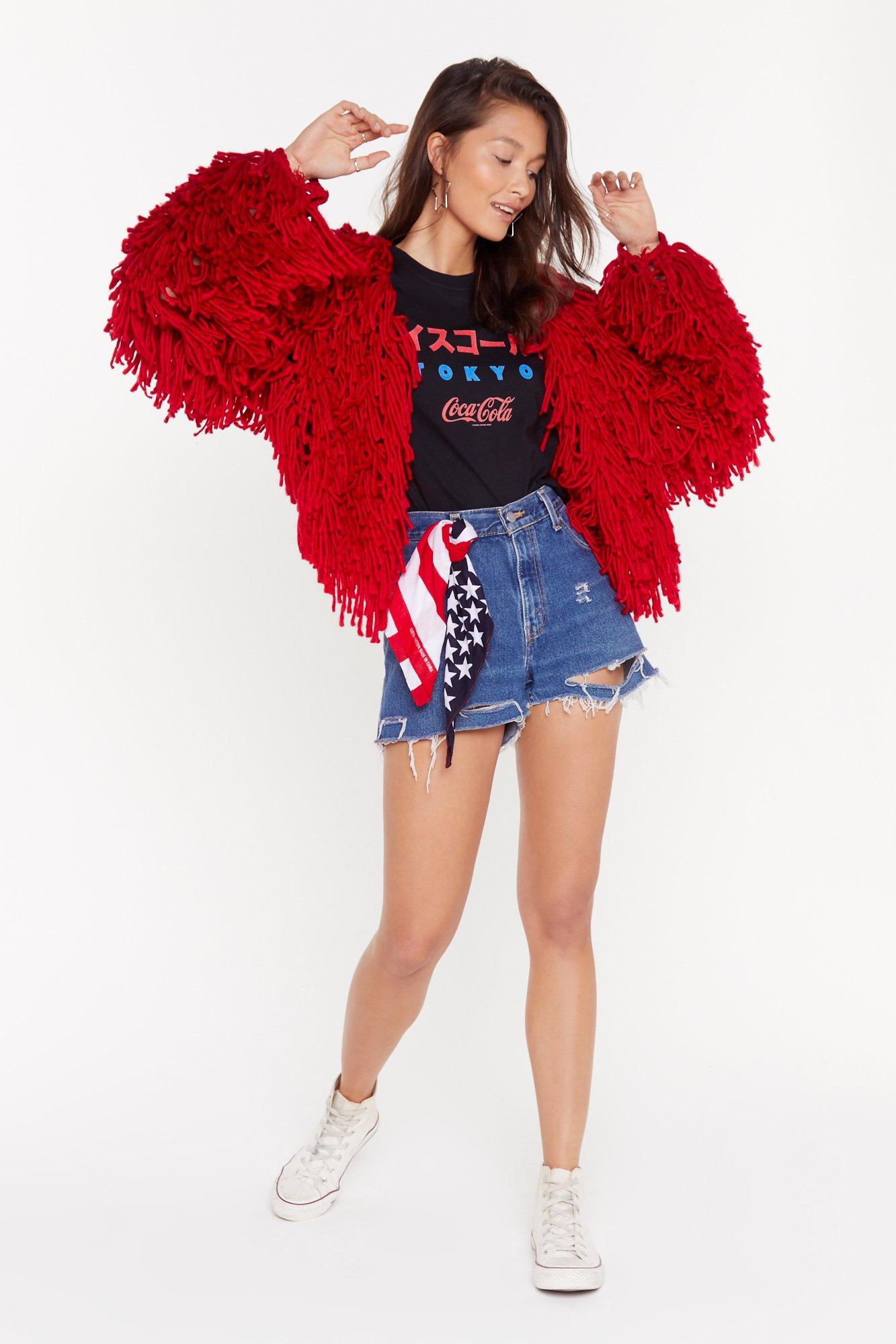 red shaggy knit cardigan