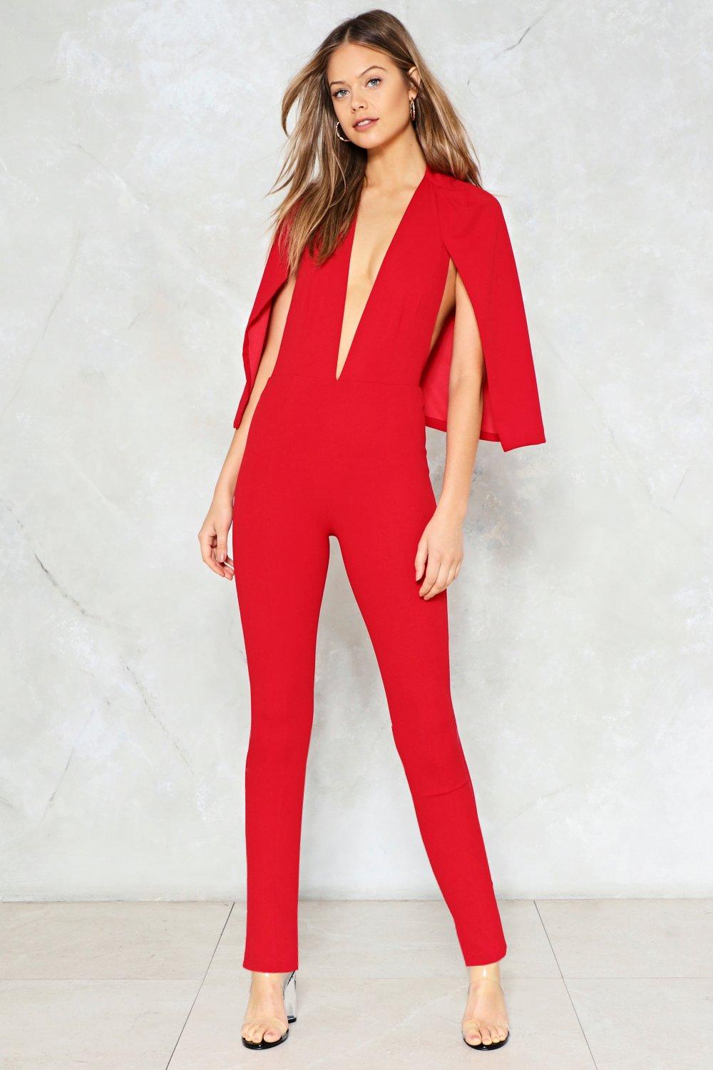 red jumpsuit with cape