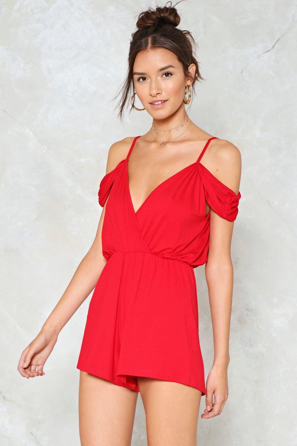 red cold shoulder jumpsuit