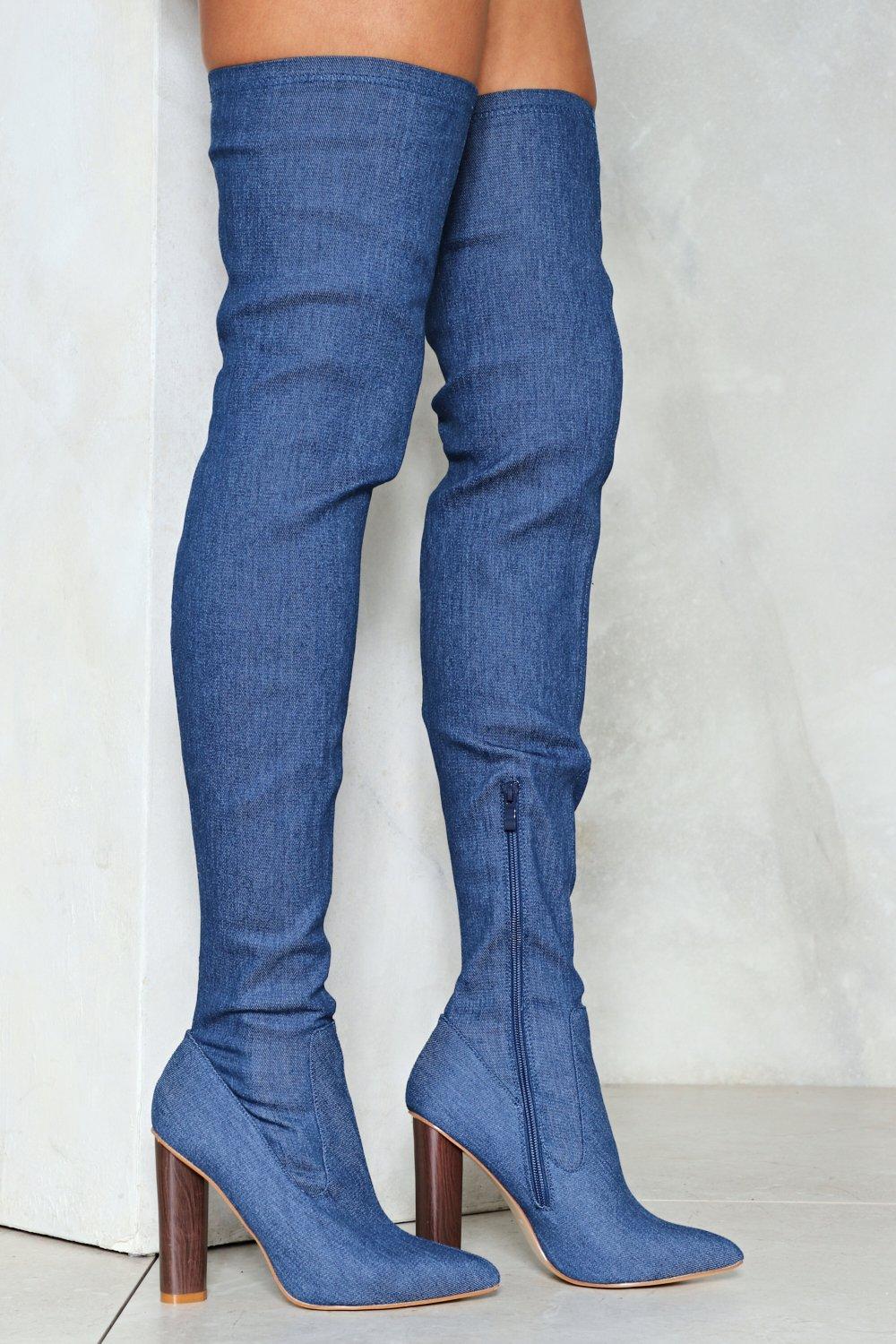 blue jean knee high boots