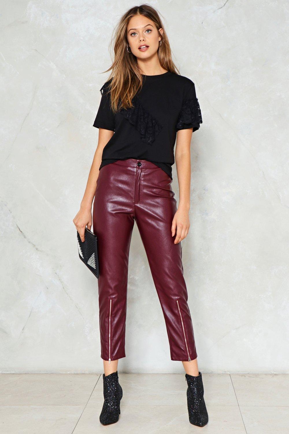 burgundy leather pants womens