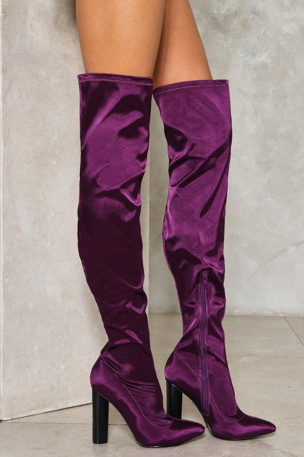 purple thigh high boots