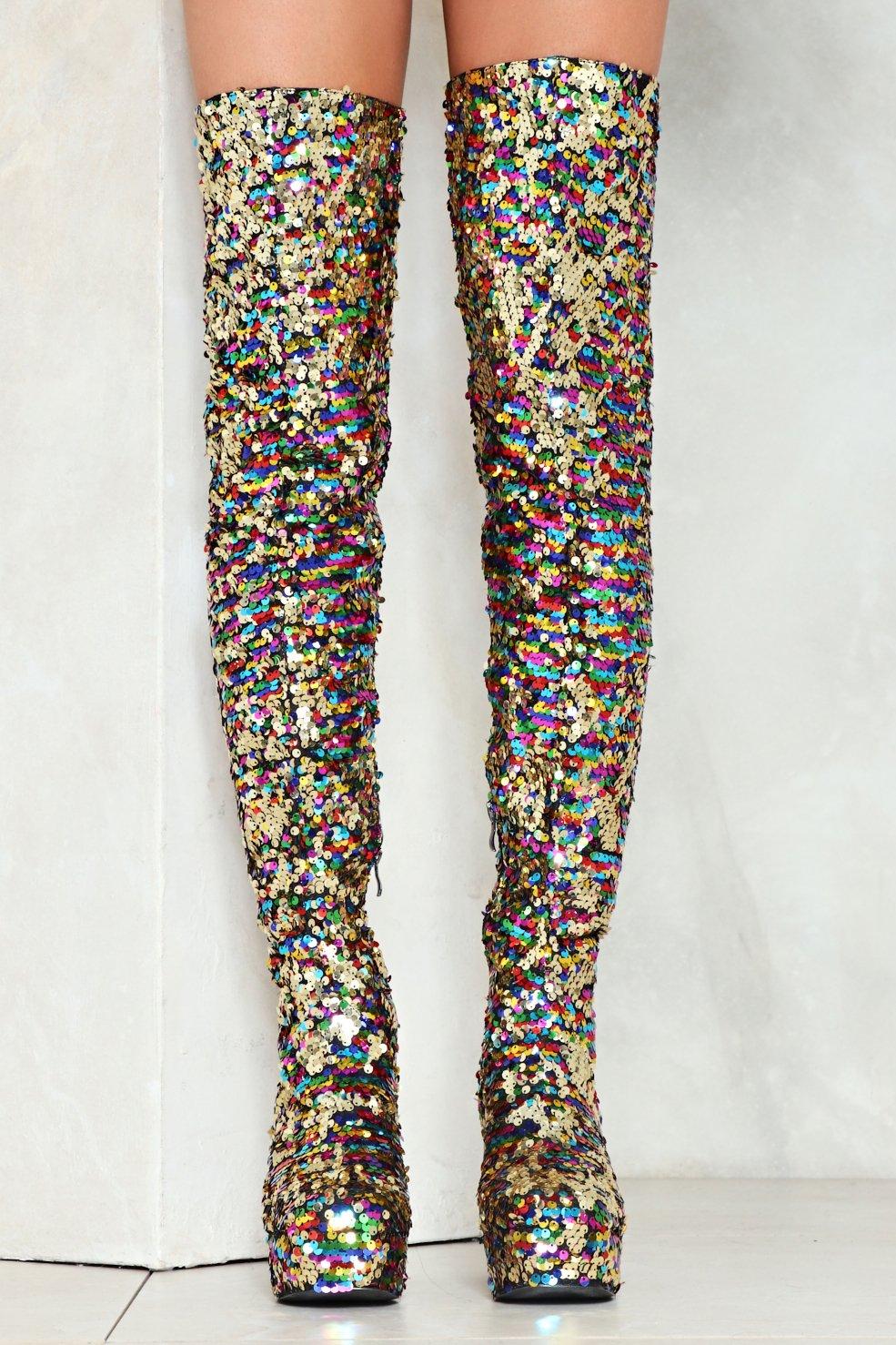 sequin thigh boots