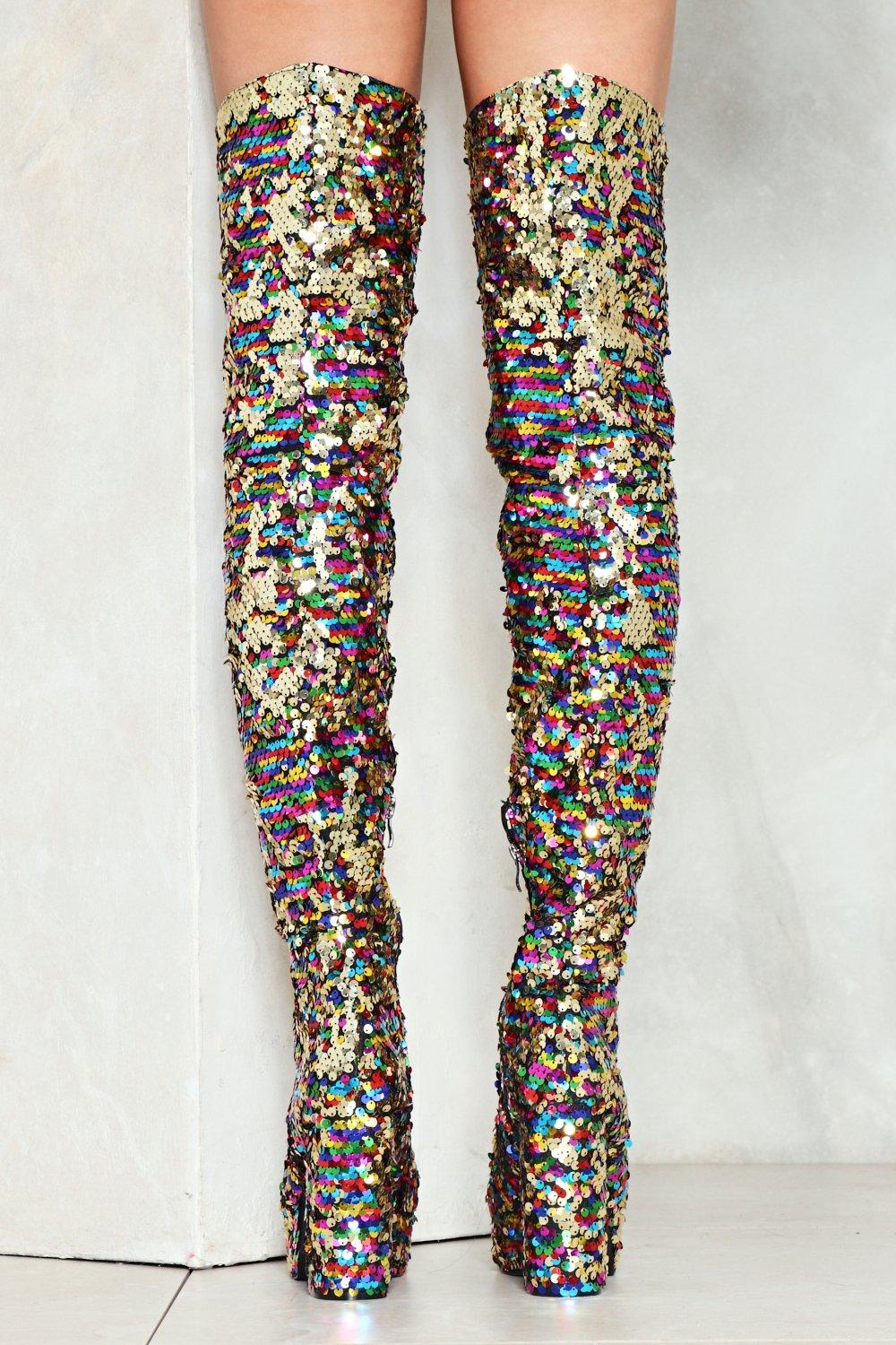 sequin thigh high boots