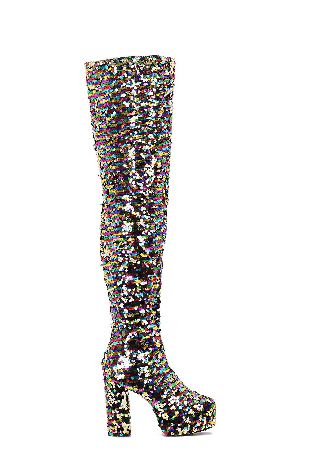 sequin thigh high boots chunky heel
