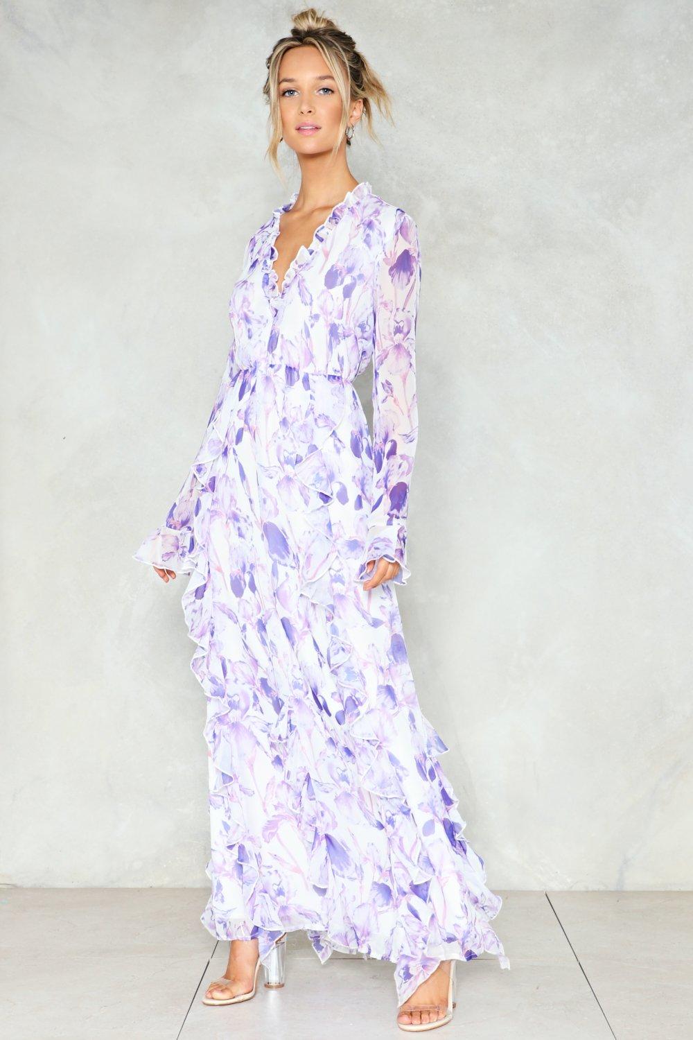 purple floral frill maxi dress