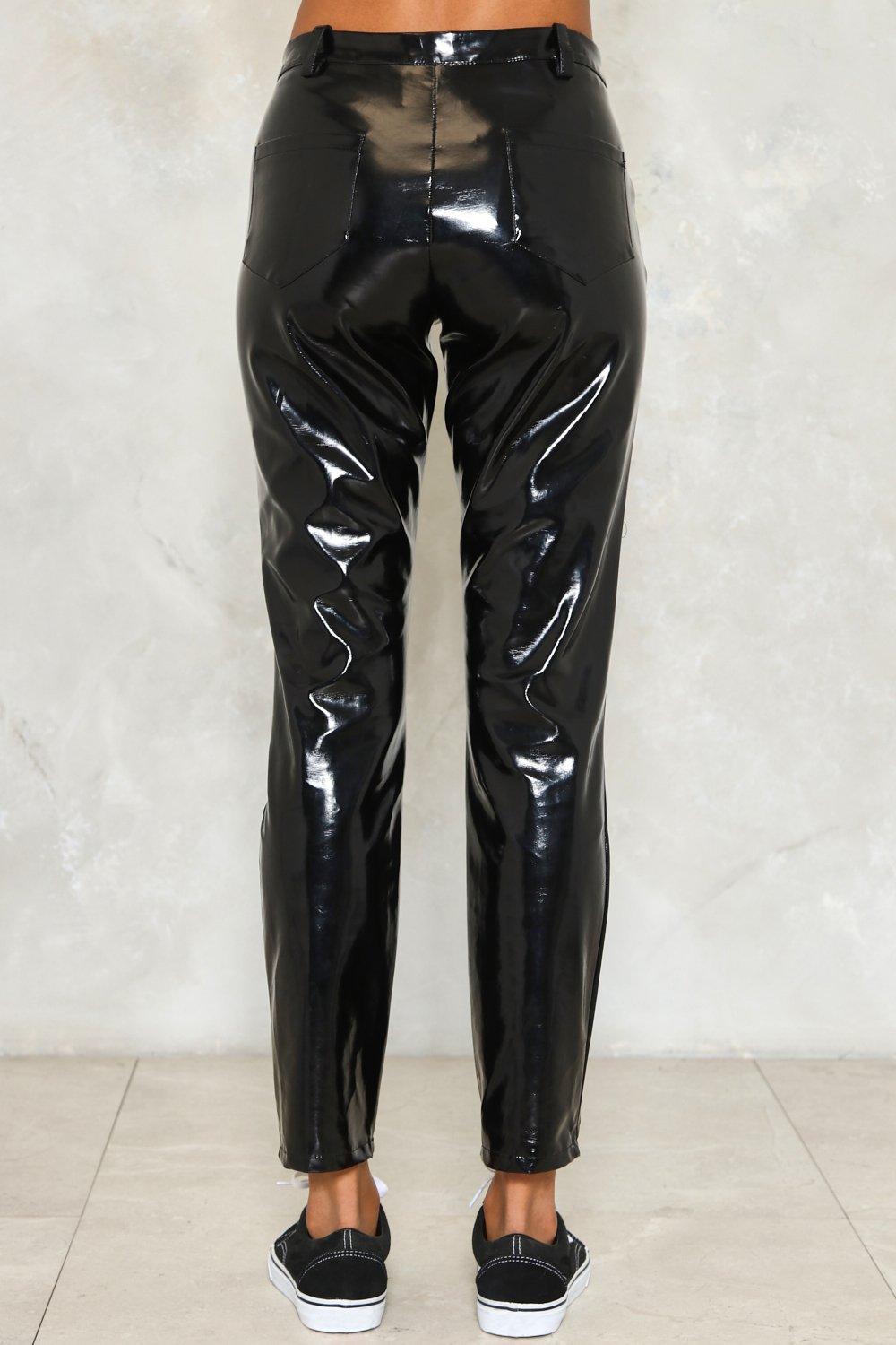 high shine leather pants