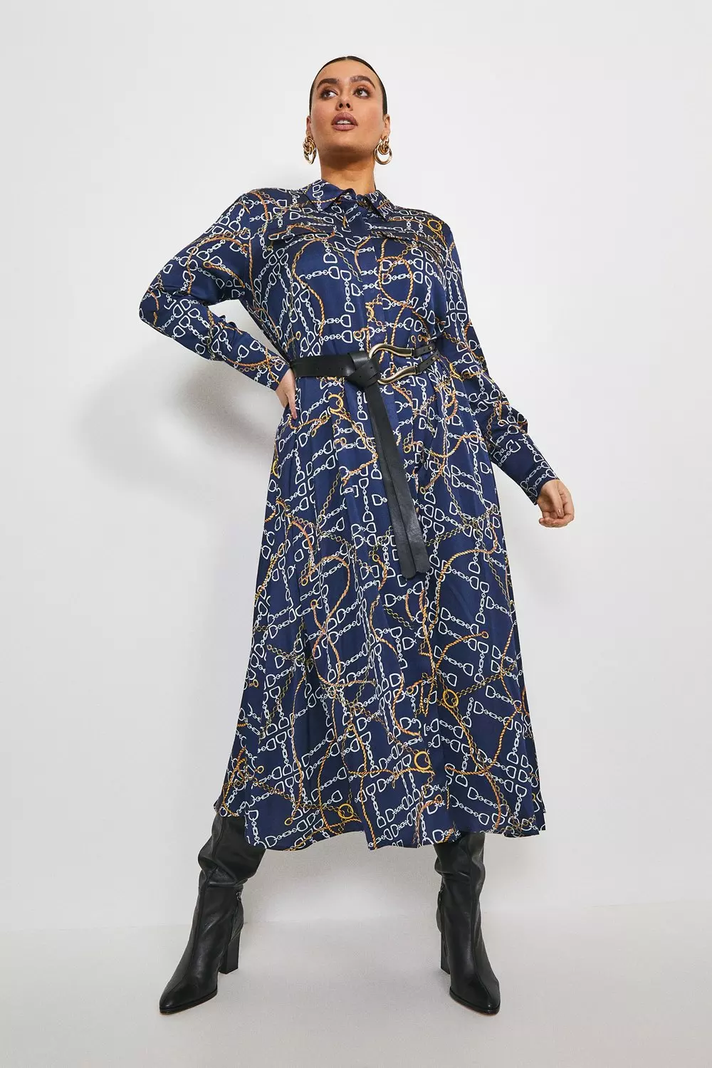 Navy chain clearance print dress