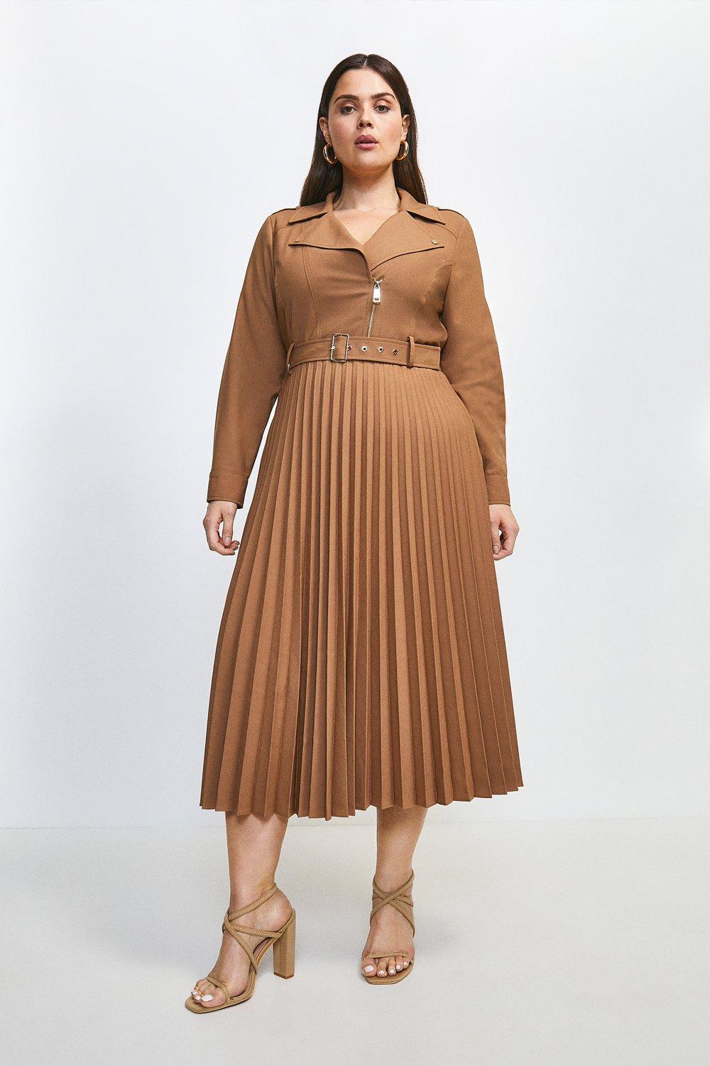 Plus Size Polished Wool Blend Biker Pleat Dress | Karen Millen