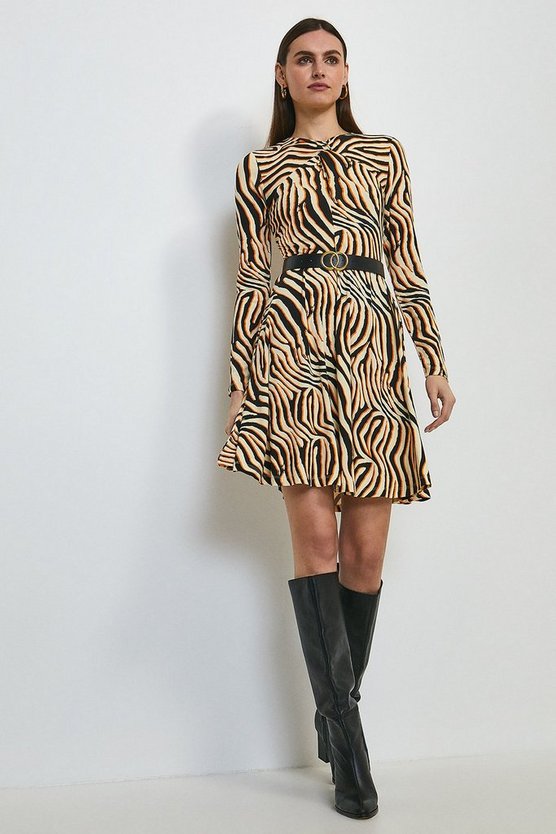 Zebra Print Jersey Twist Neck Belted Dress | Karen Millen