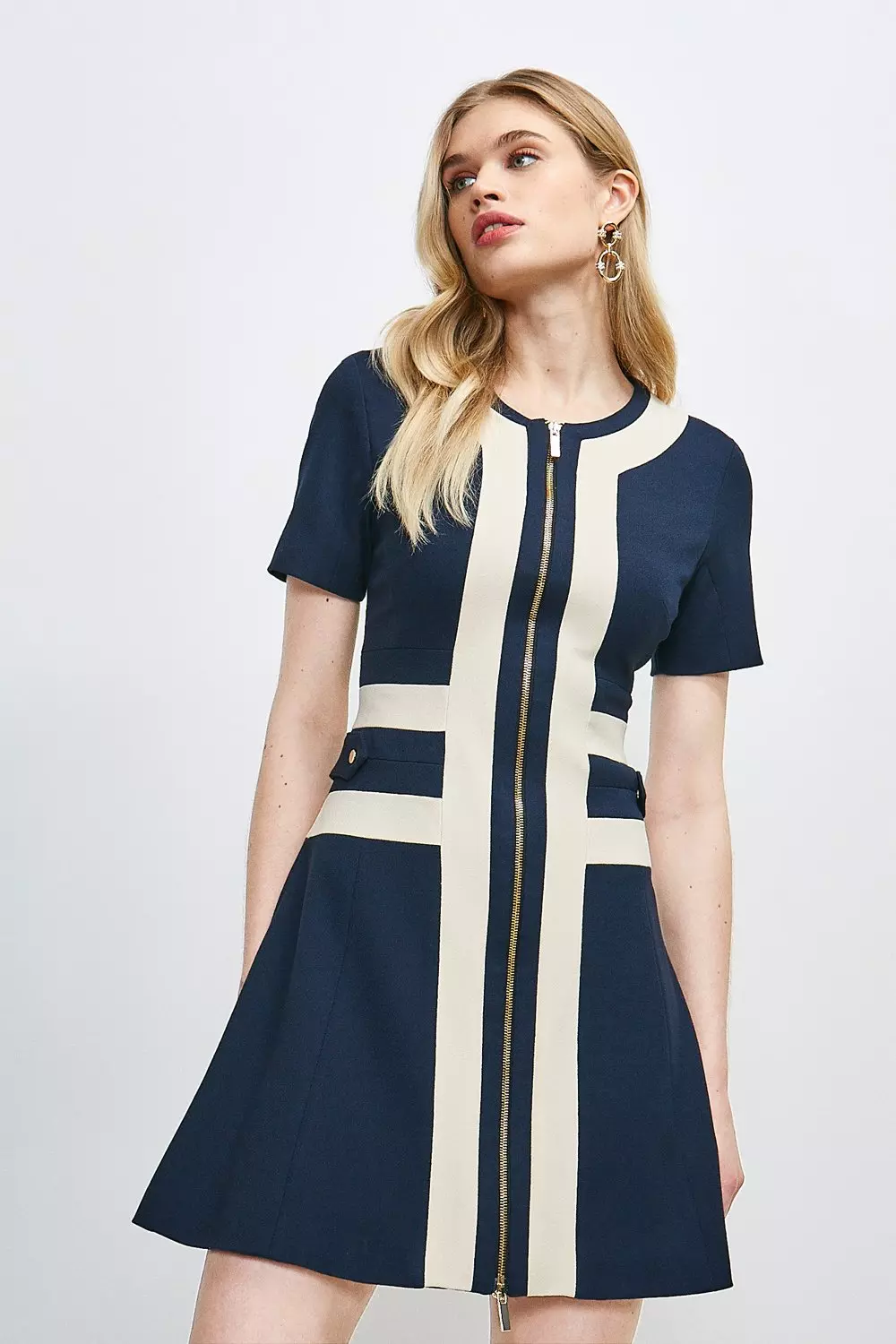 Structured Crepe Panelled A Line Mini Dress | Karen Millen