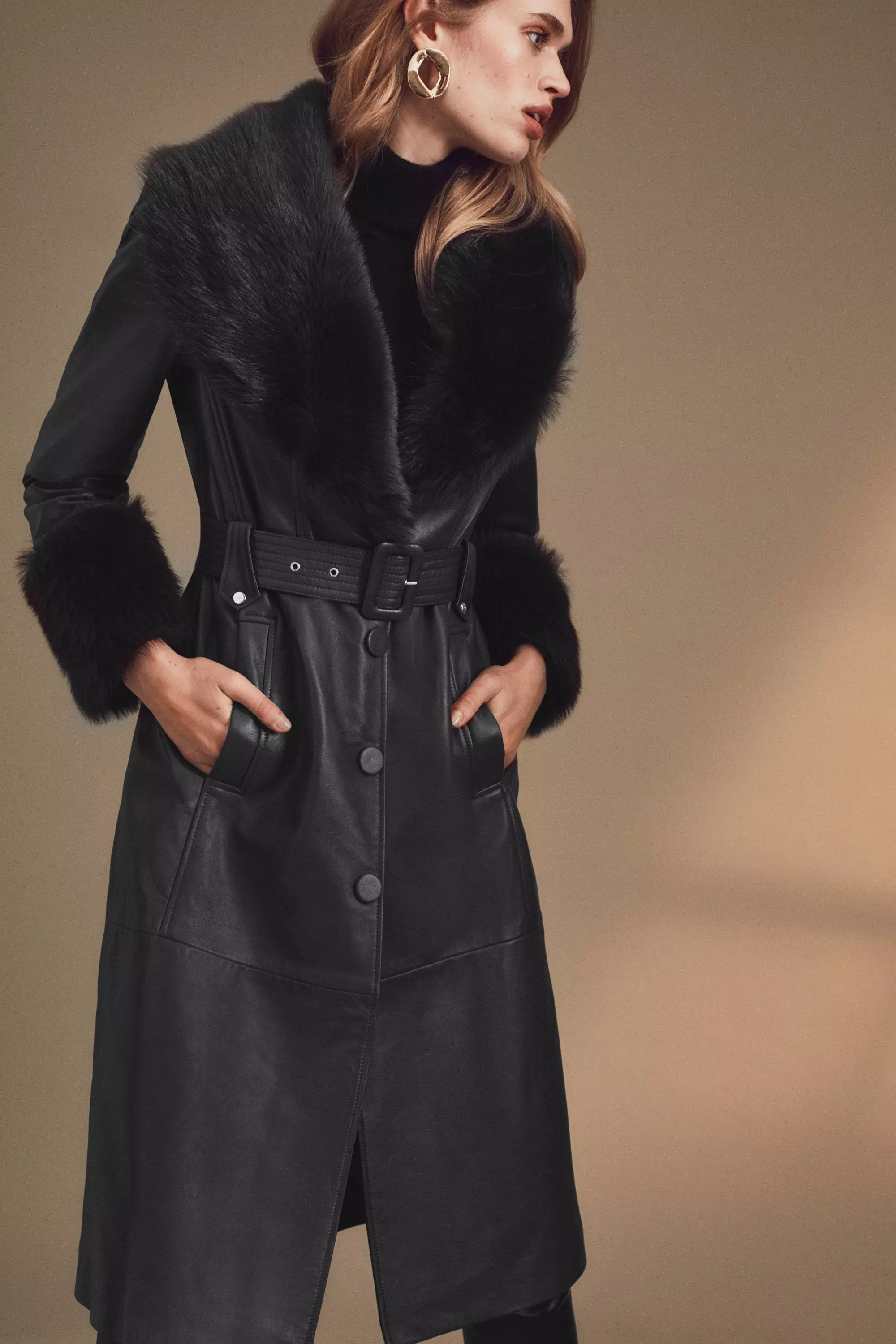 Shearling Cuff And Collar Leather Coat | Karen Millen