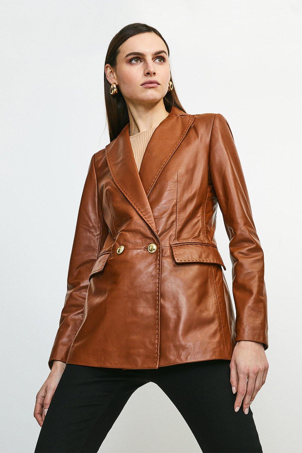 Leather Fitted Gold Button Double Breasted Jacket | Karen Millen