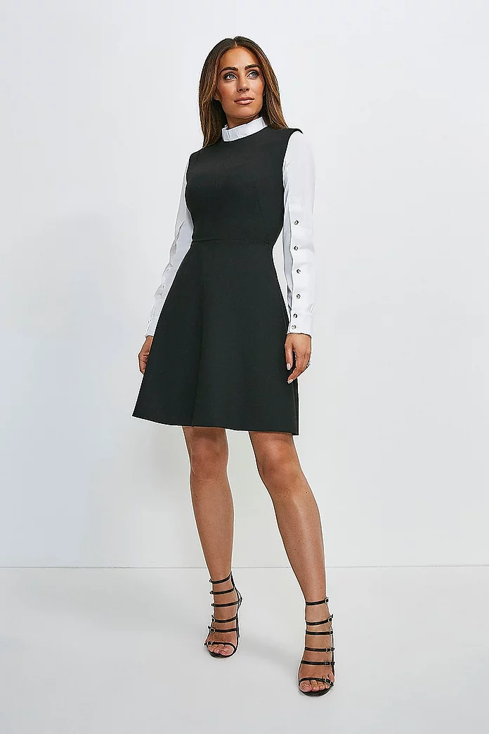 Compact Stretch Contrast Sleeve A Line Mini Dress | Karen Millen