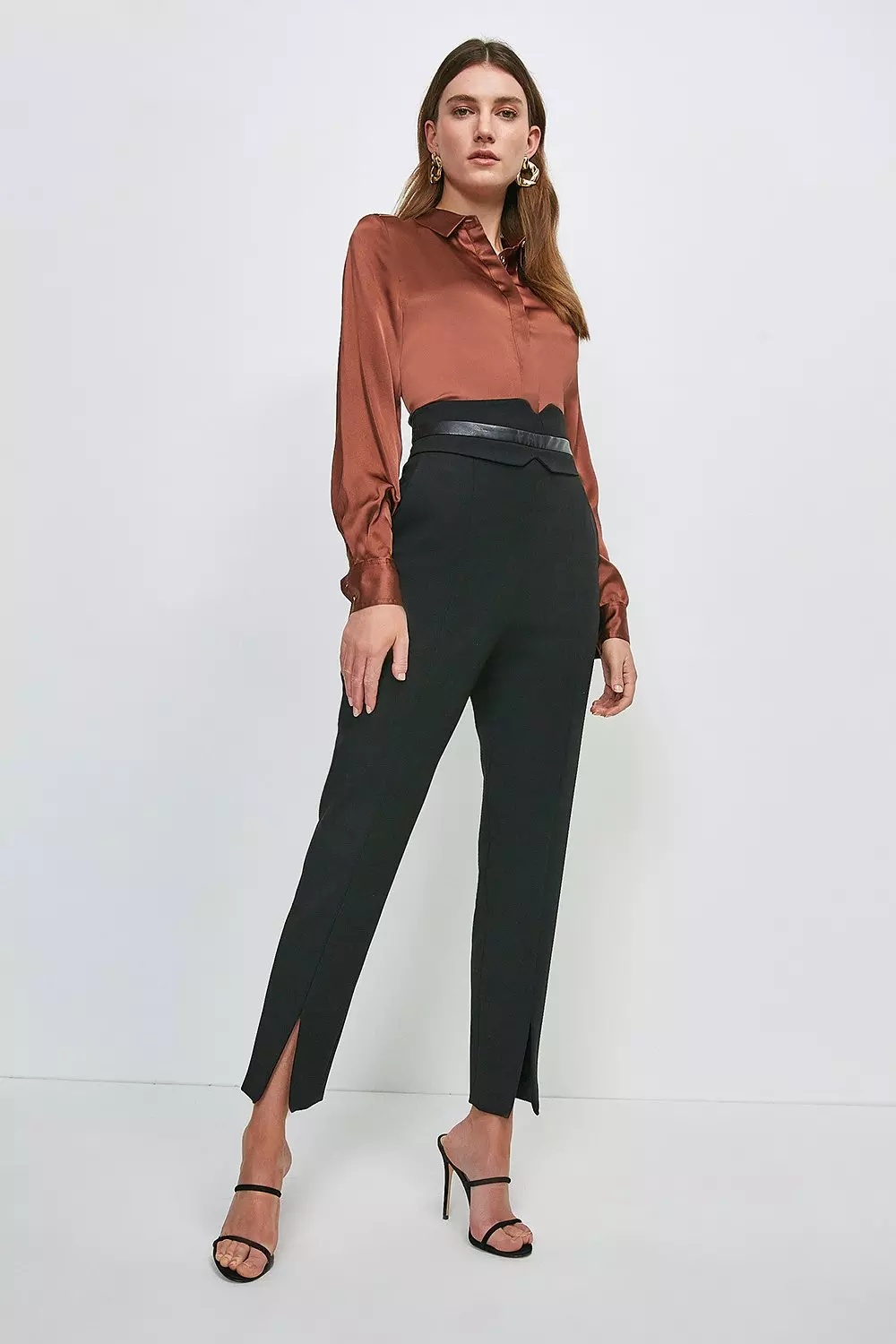 Black High Waisted Straight Leg Split Hem Trousers