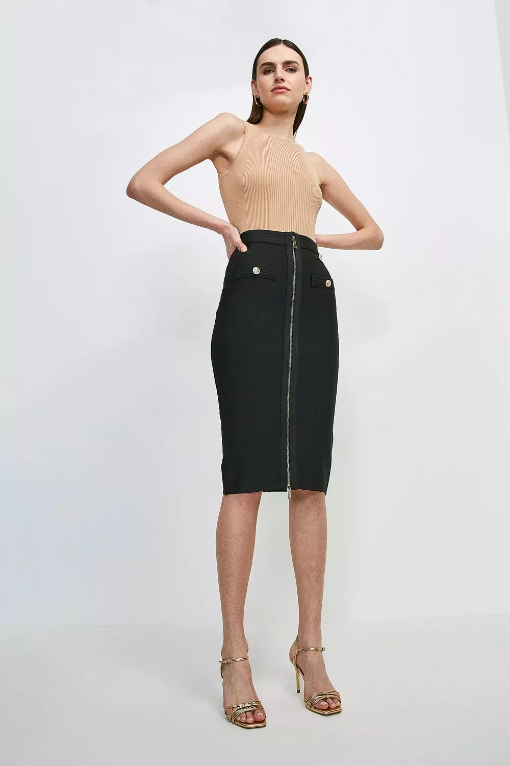 Military Bandage Knitted Pencil Midi Skirt Karen Millen