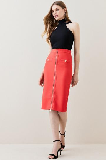 Military Bandage Knitted Pencil Midi Skirt coral