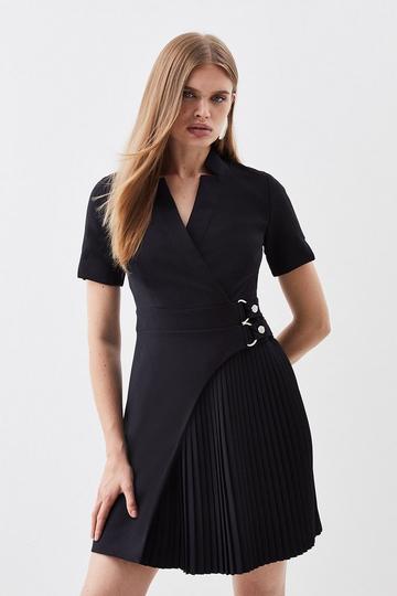 Tailored Military Pleat Notch Neck Wrap Mini Dress black