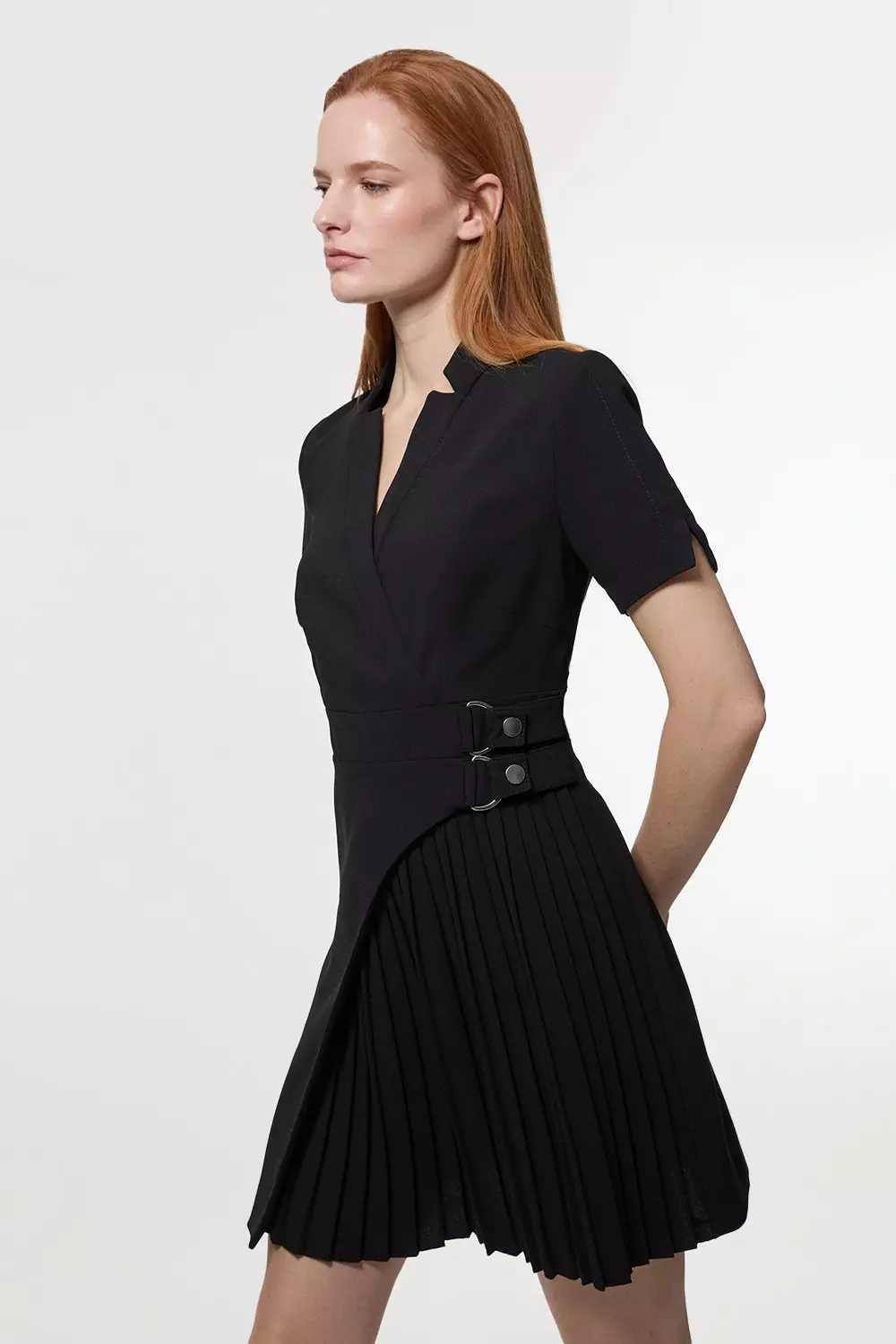 Tailored Military Pleat Notch Neck Wrap Mini Dress