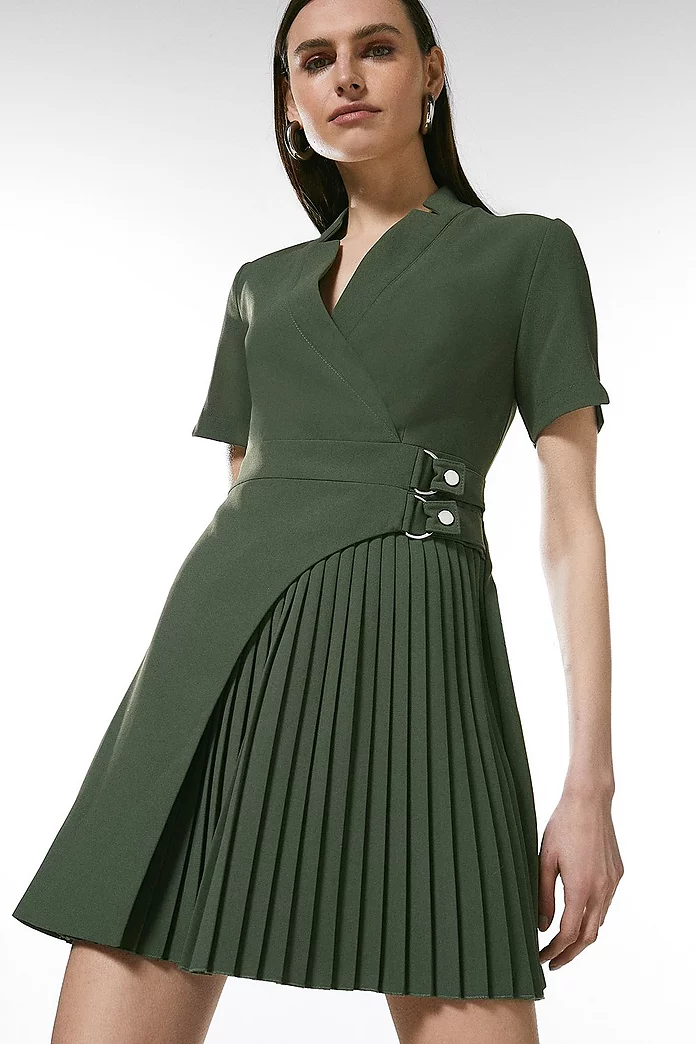 Tailored Military Pleat Notch Neck Wrap Mini Dress | Karen Millen